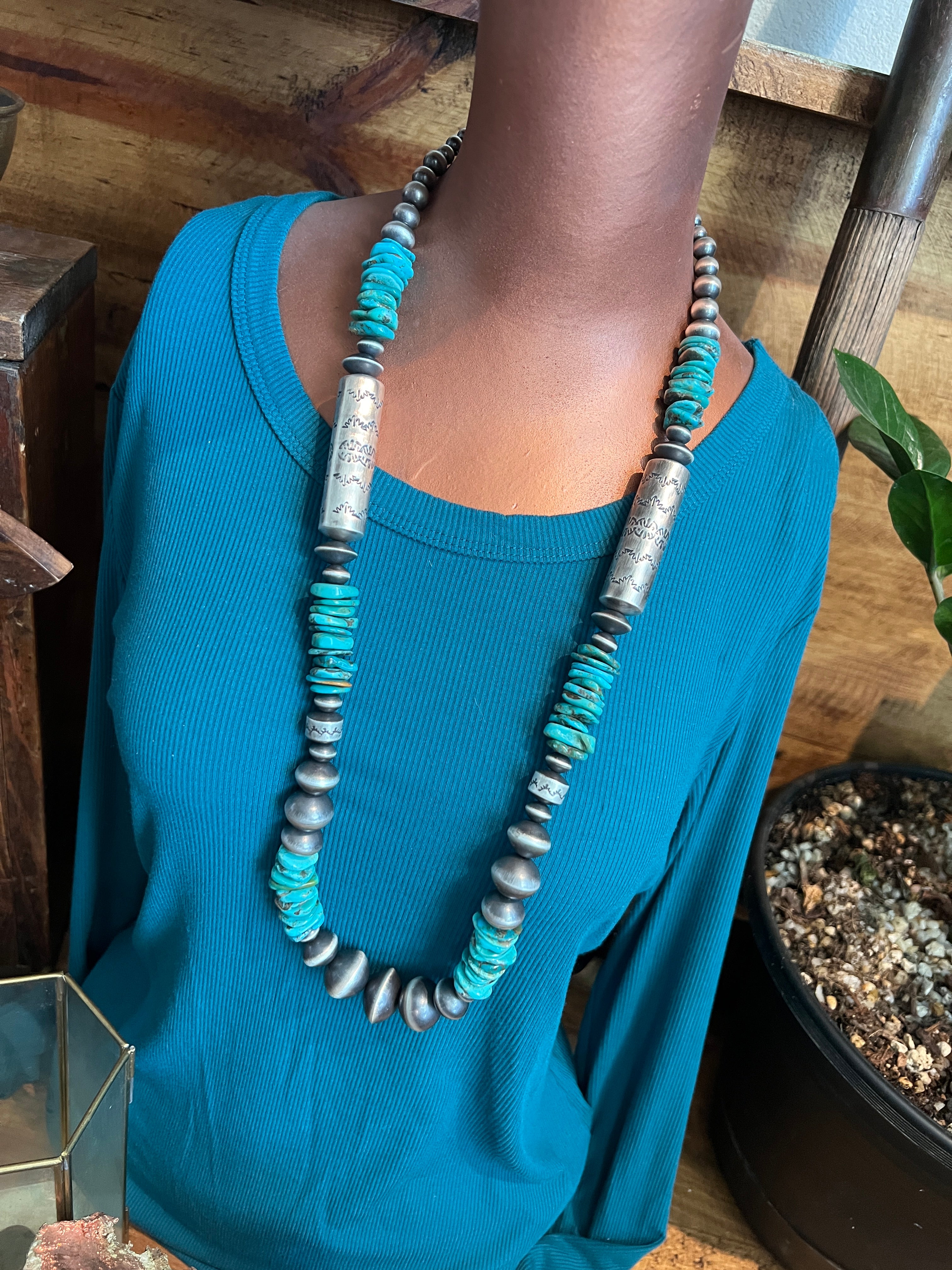 Handcrafted Sterling Silver and Kingman Turquoise Beaded Necklace by Rose Martin, 31 + 1-1/2 inches
