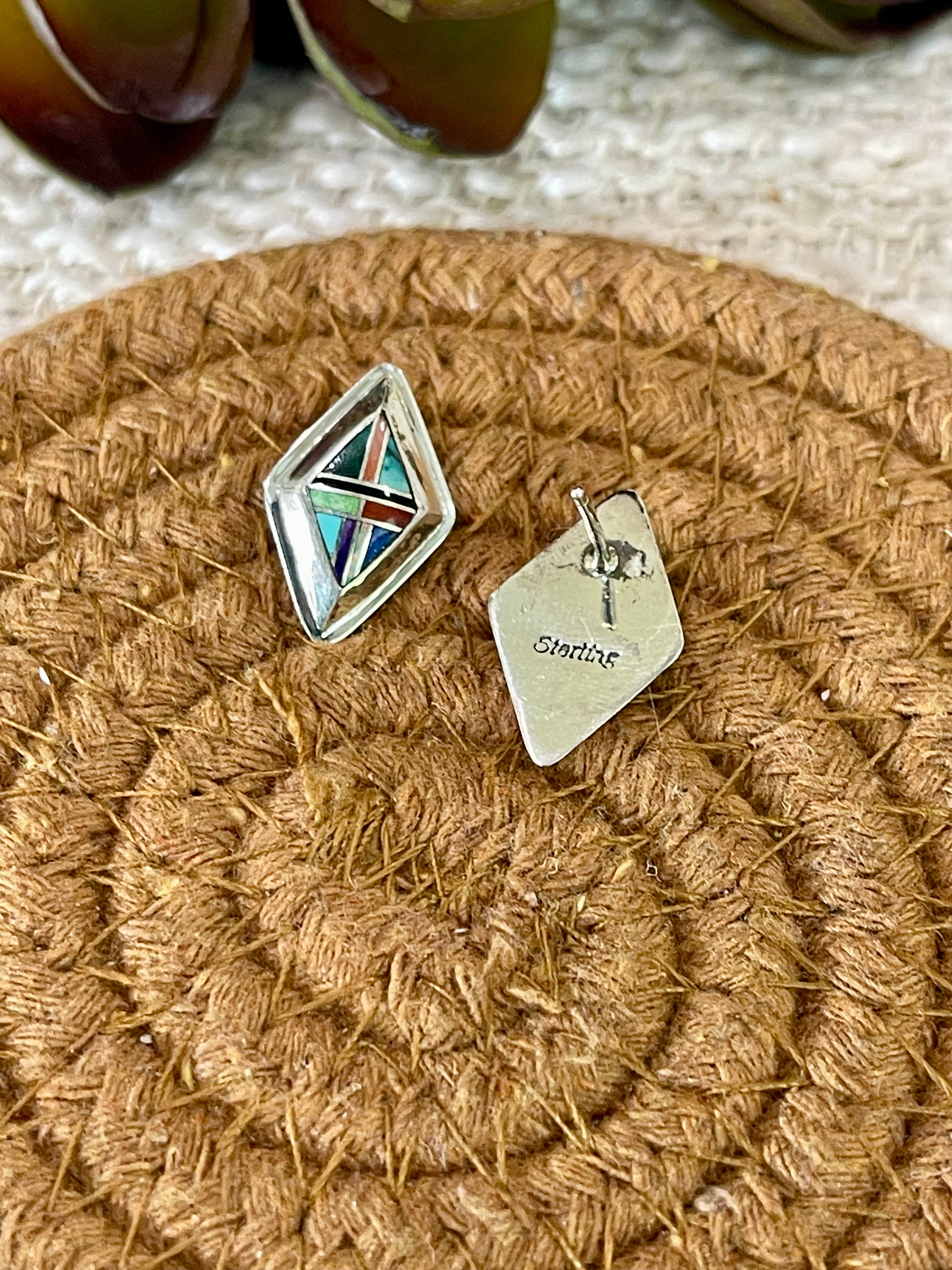 Beautiful Handmade Sterling Silver & Multi Stone Inlay Post Earrings