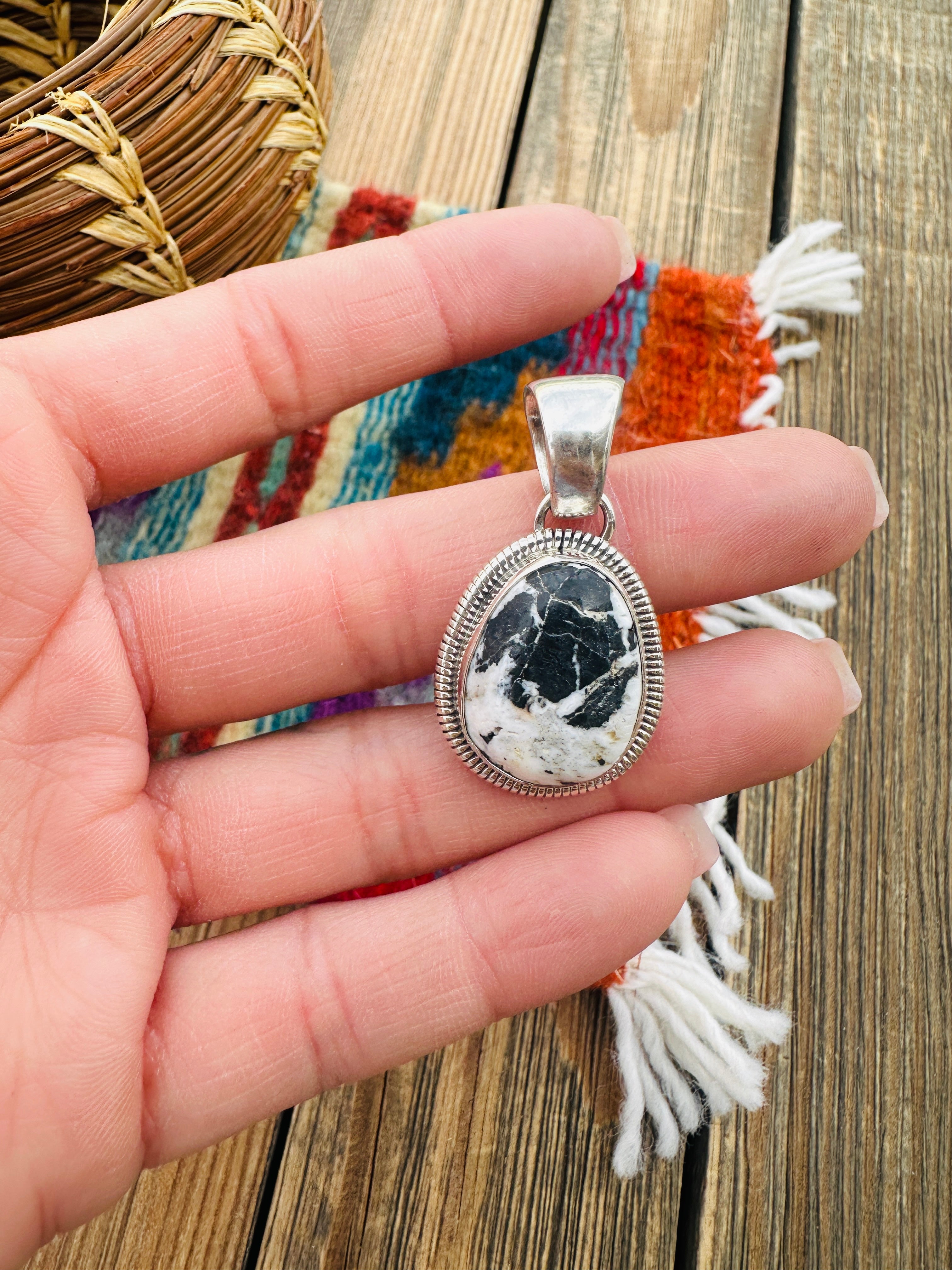 Handcrafted Sterling Silver & White Buffalo Pendant by Wydell Billie