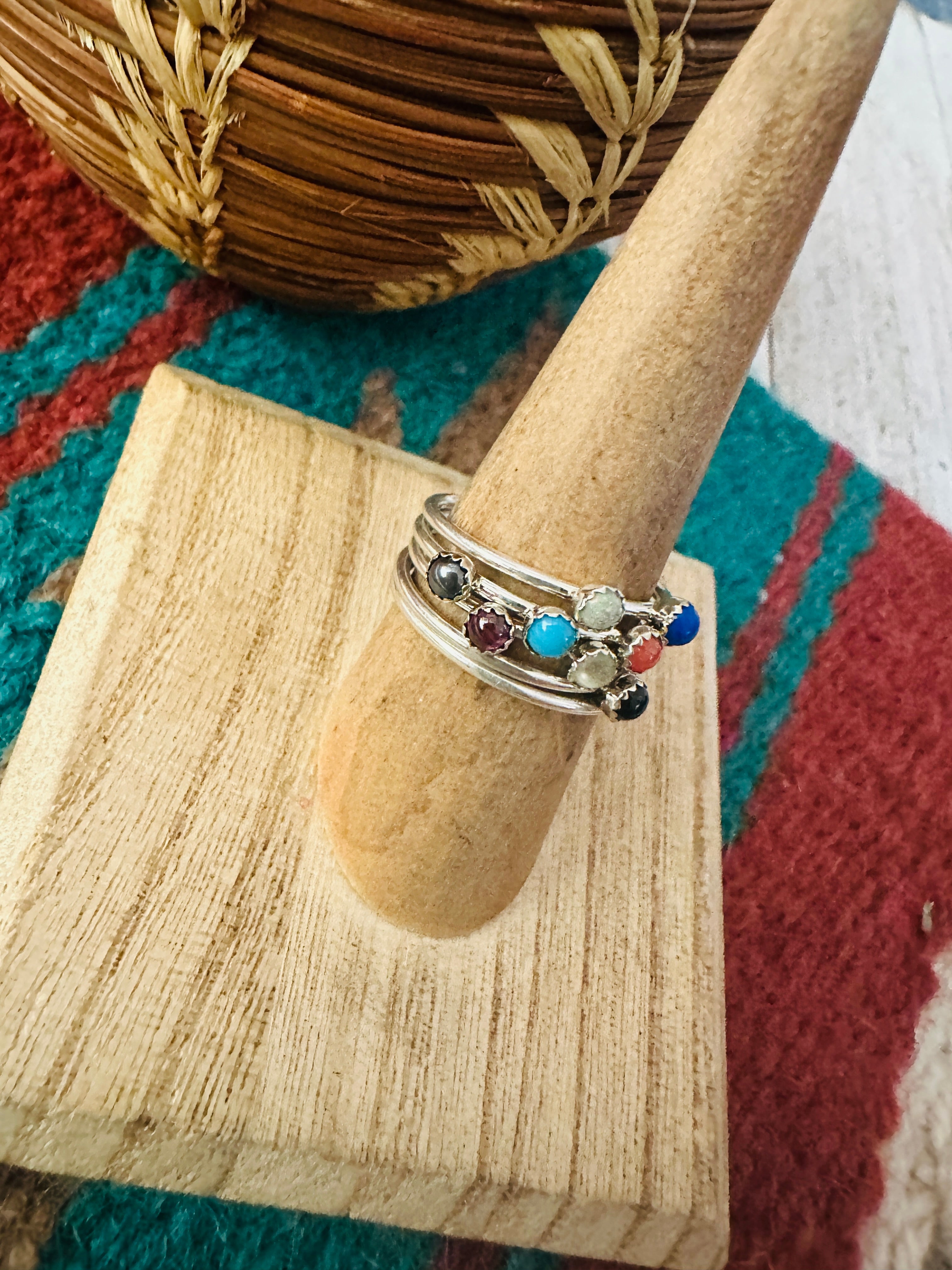 Navajo Sterling Silver And Multi Stone Ring Size 7.25