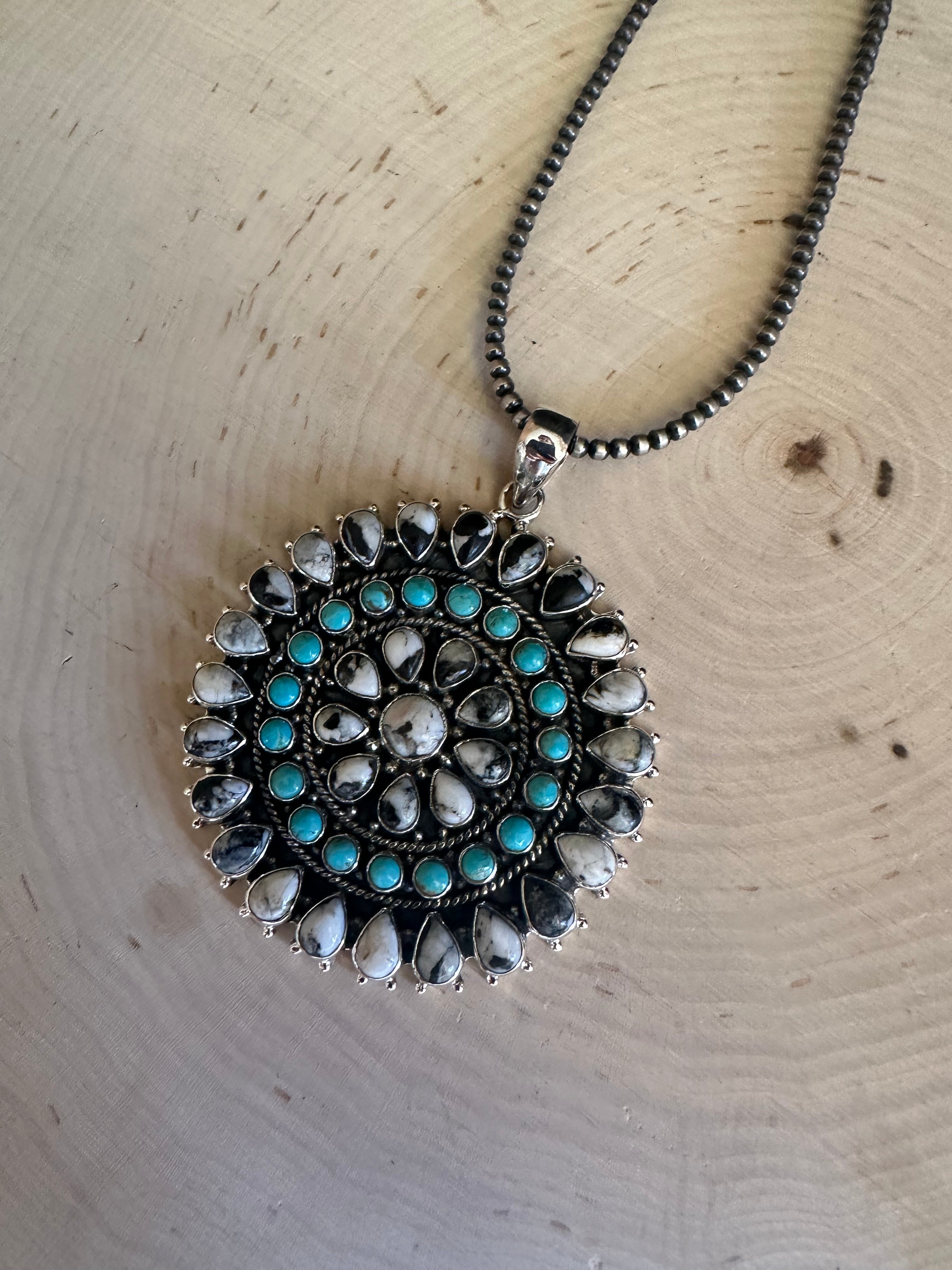 Beautiful Handmade Sterling Silver, White Buffalo & Turquoise Cluster Pendant Signed Nizhoni