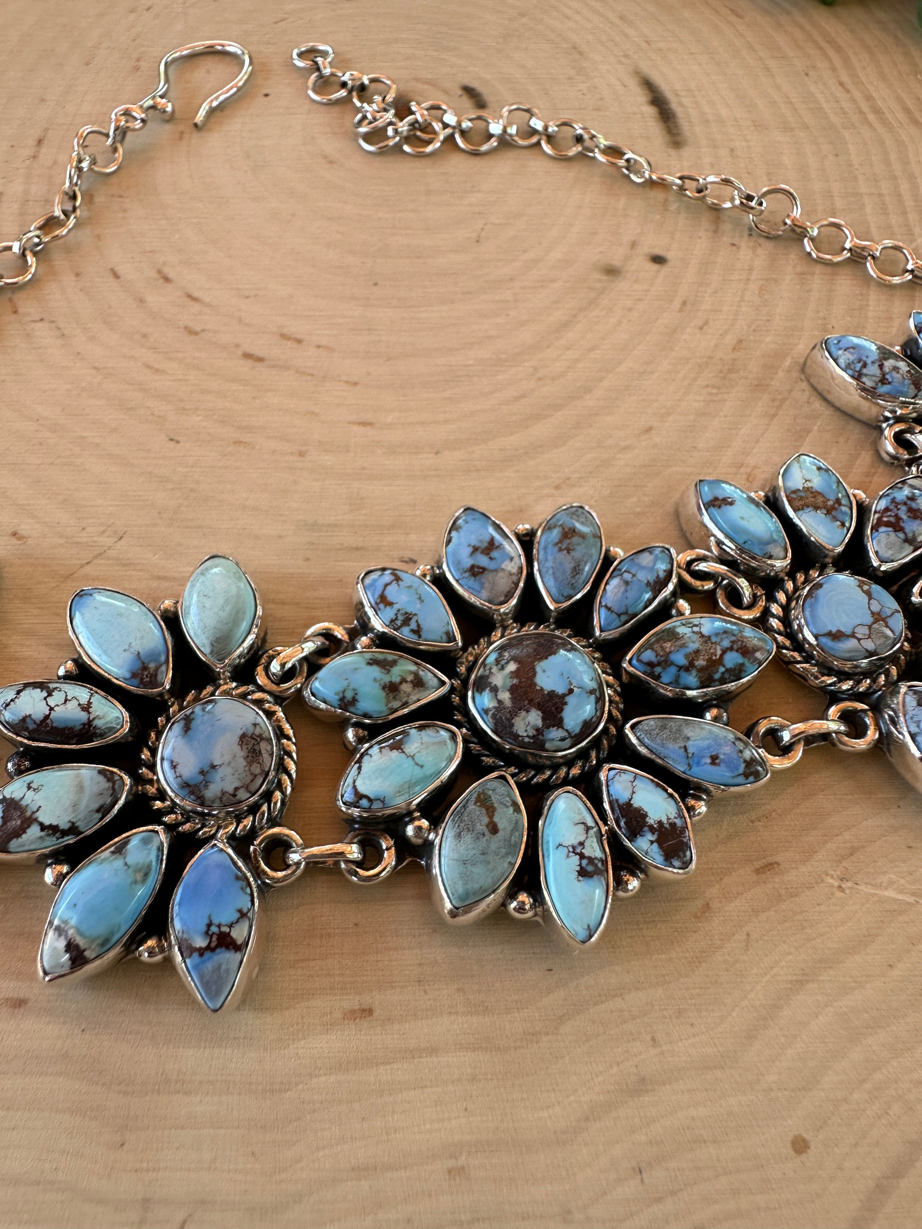 Beautiful Handmade Sterling Silver & Golden Hills Turquoise Cluster Choker Necklace