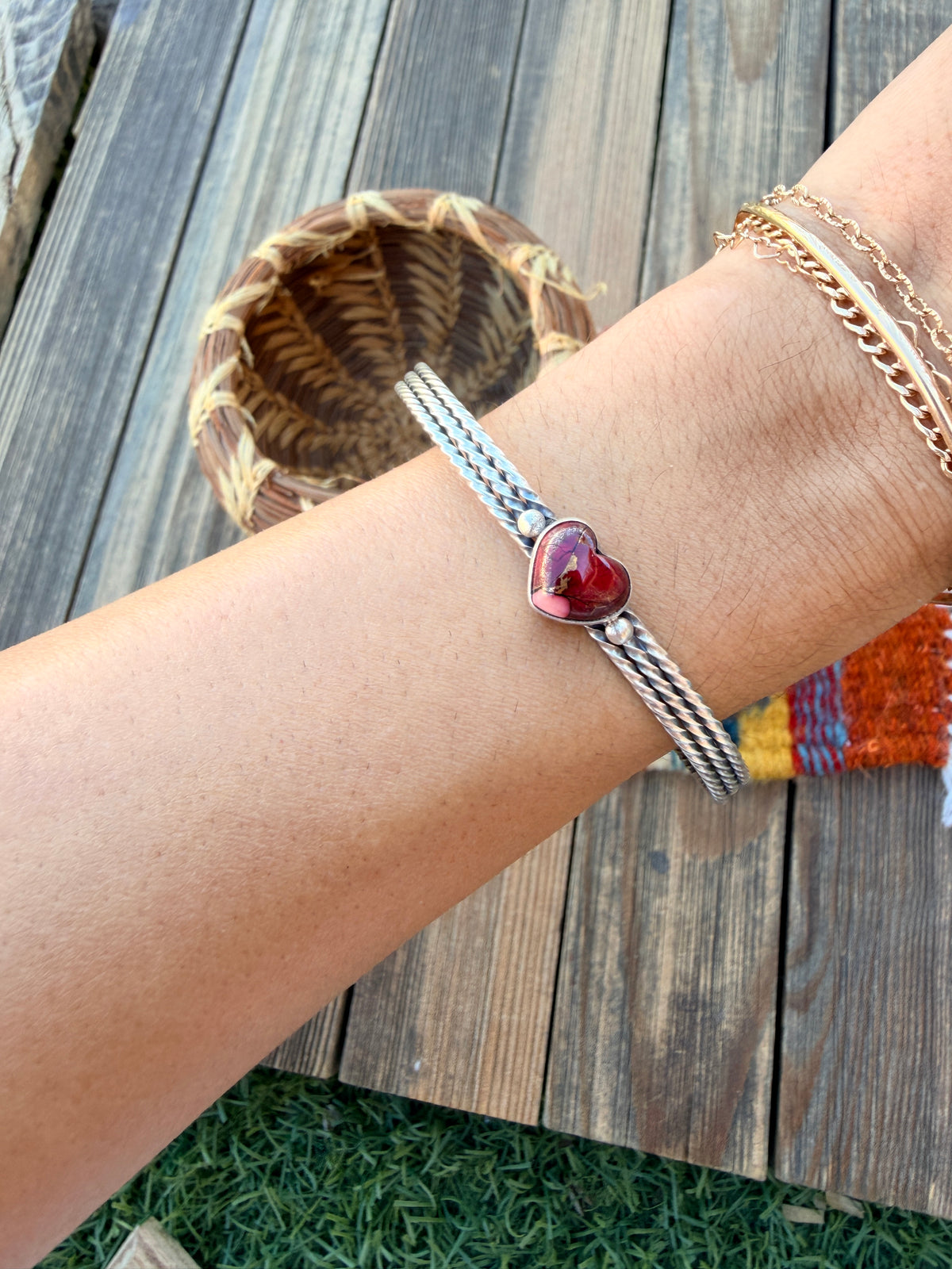 Handcrafted Rose Dahlia & Sterling Silver Heart Cuff Bracelet