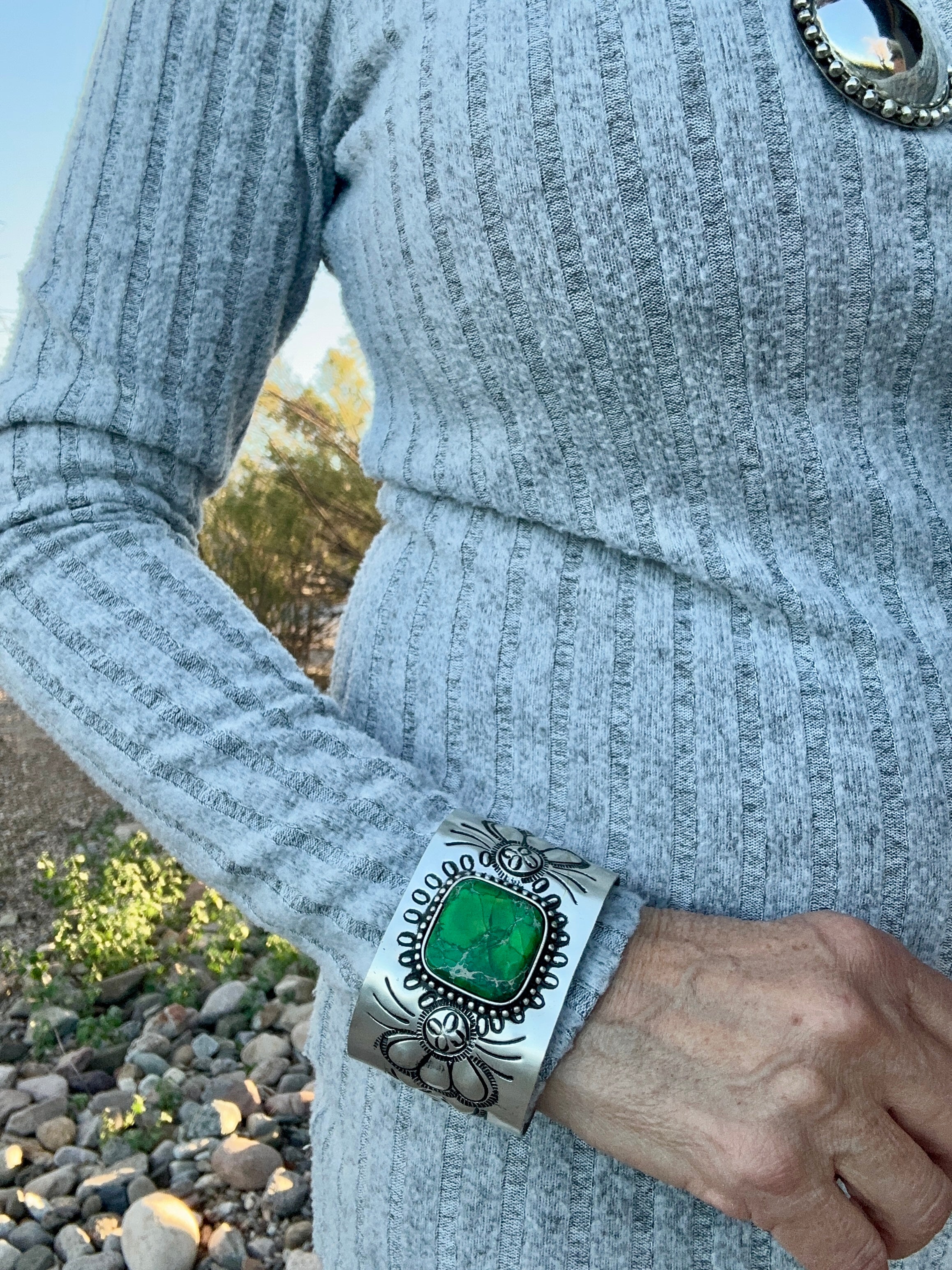 Engraved Silver Plated Cuff Bracelet with Green Stone