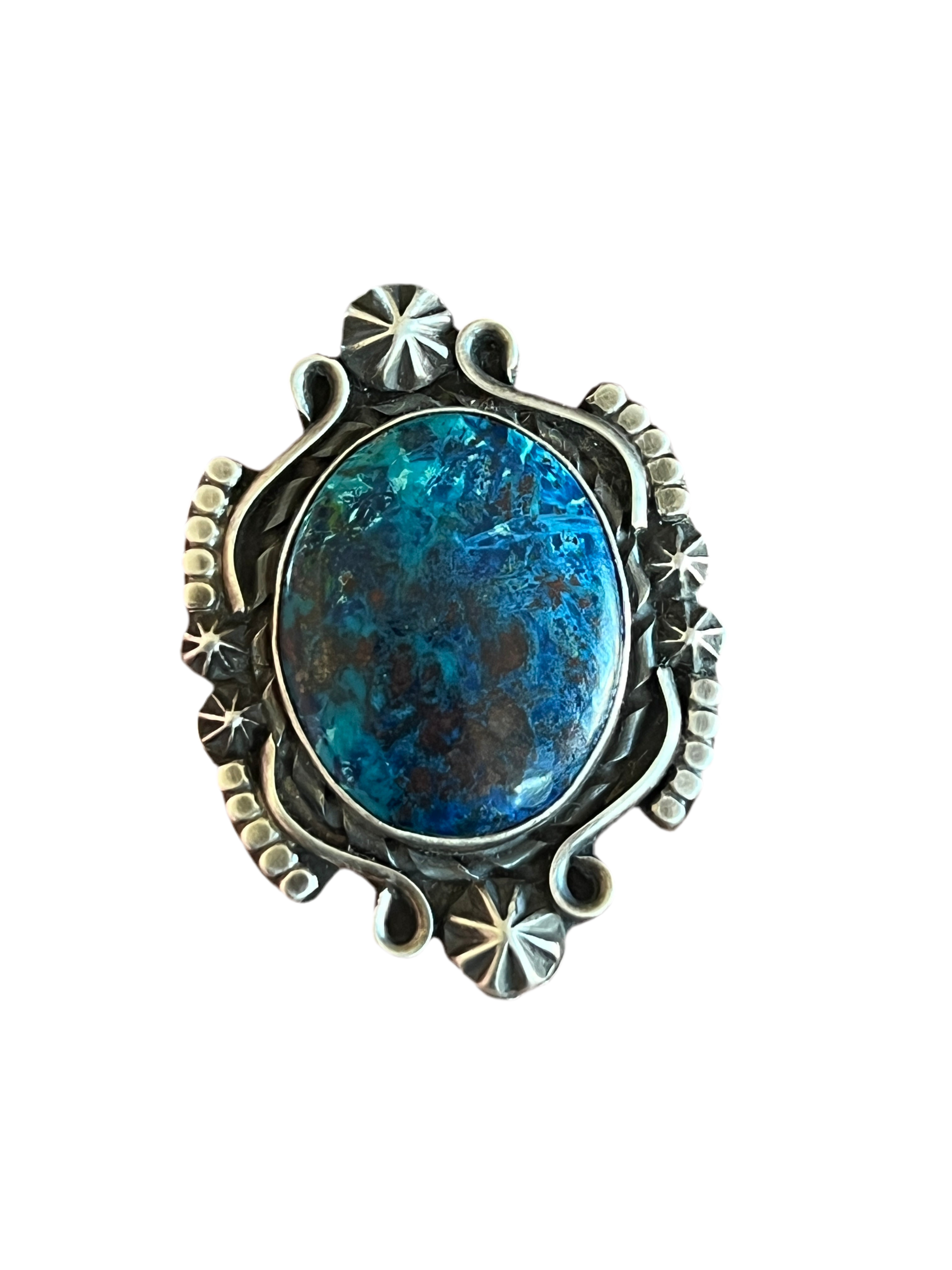 Apache Sterling Silver and Chrysocolla Azurite Ring by Rosella Paxson, Size 7