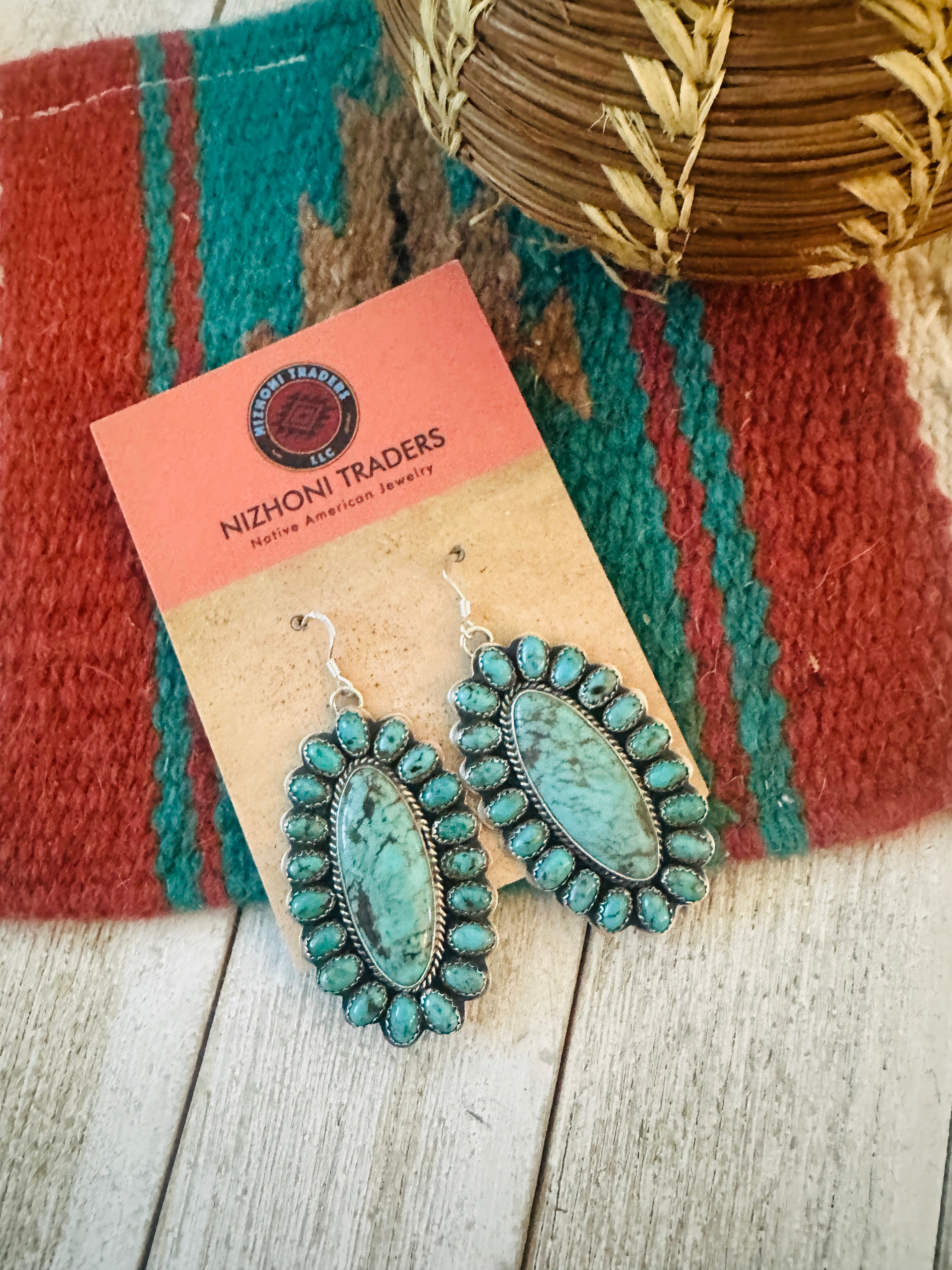 Navajo Sterling Silver & Turquoise Cluster Dangle Earrings