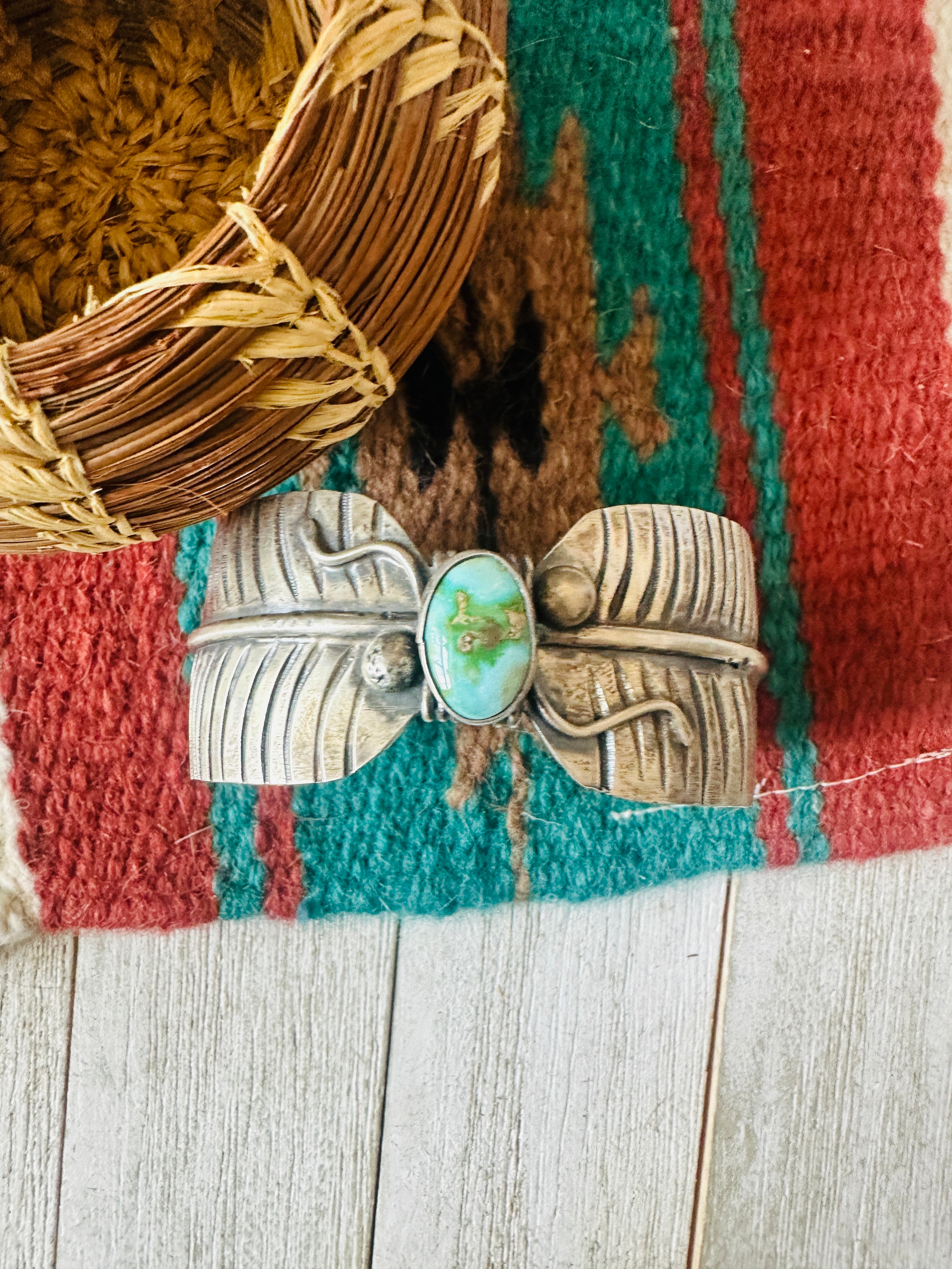 Navajo Sonoran Gold Turquoise & Sterling Silver Feather Cuff Bracelet