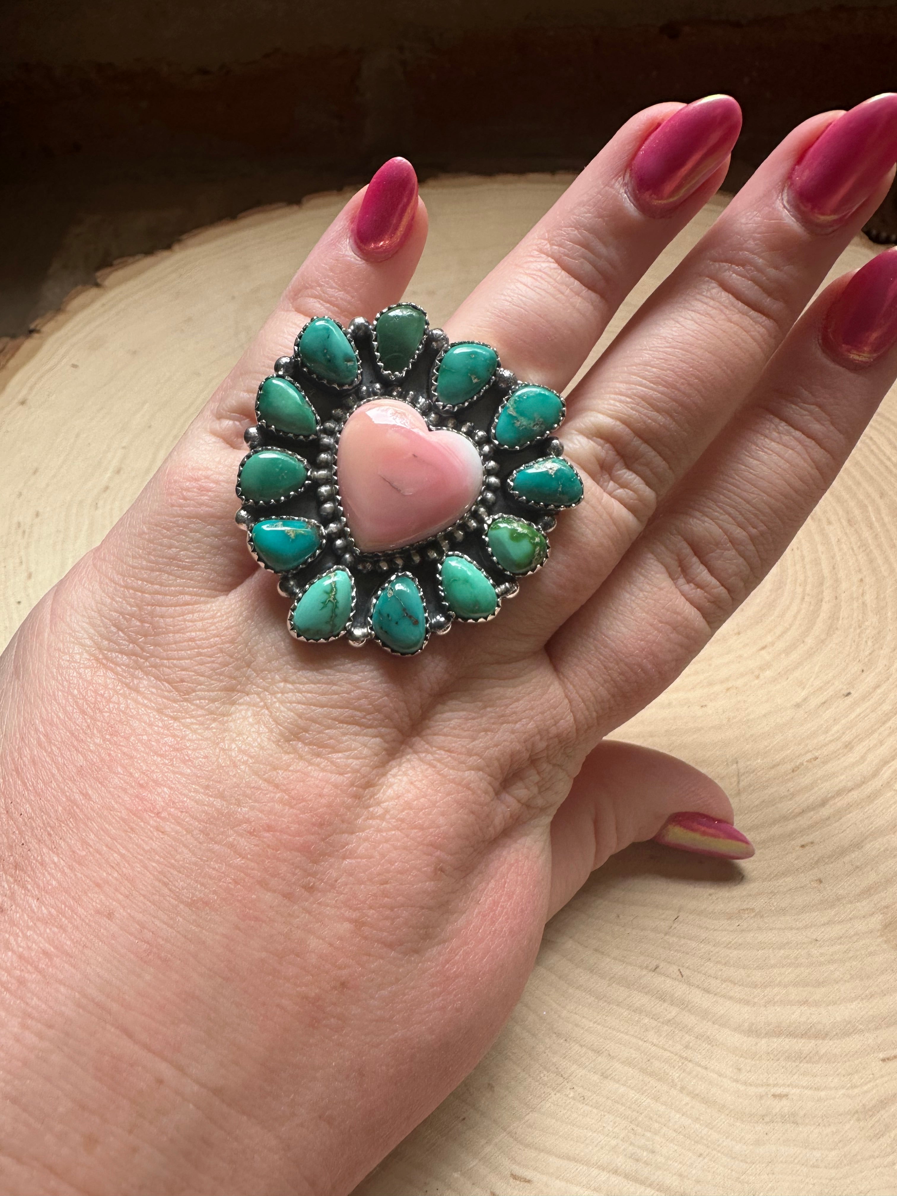 Handmade Sonoran Turquoise, Pink Conch And Sterling Silver Adjustable Heart Ring Signed Nizhoni