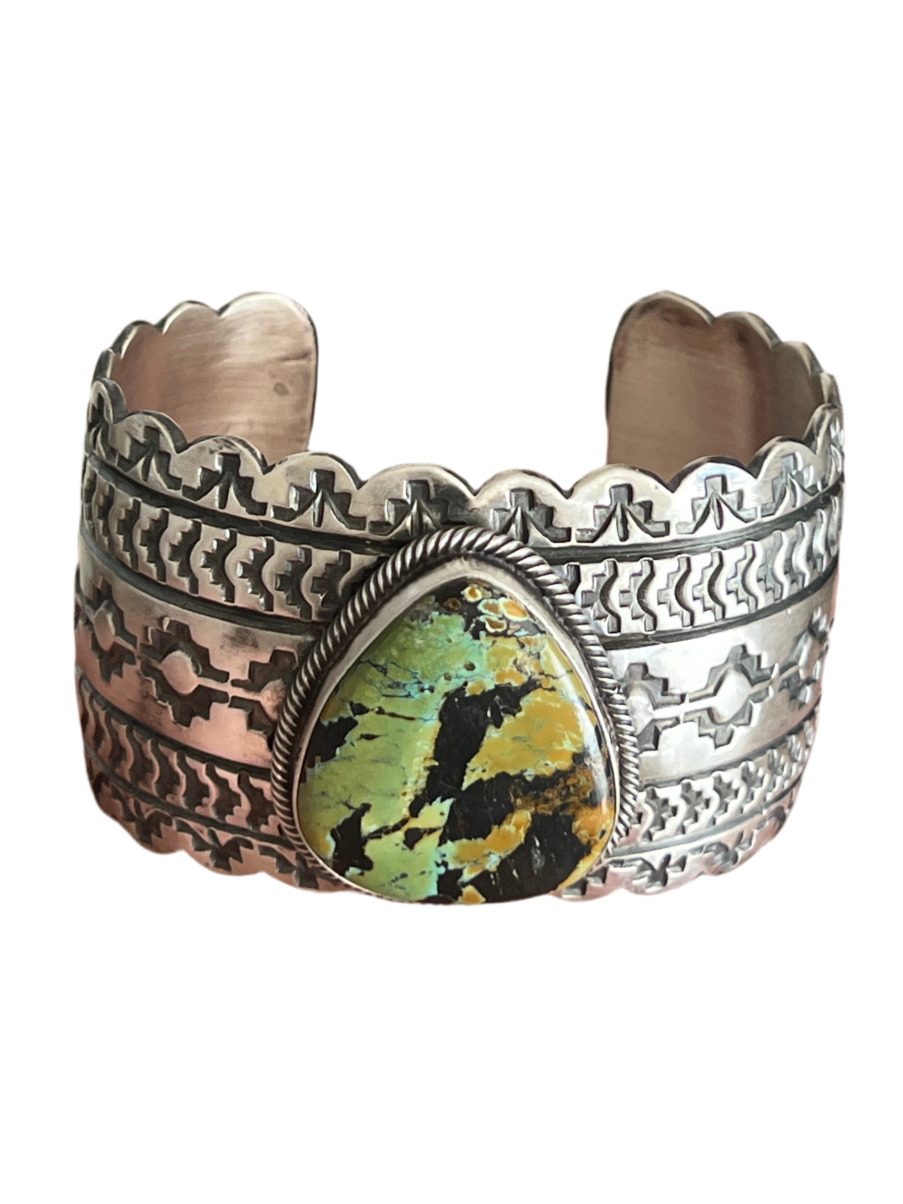 Navajo Hand Stamped Sterling Silver and Blackjack Turquoise Cuff Brace