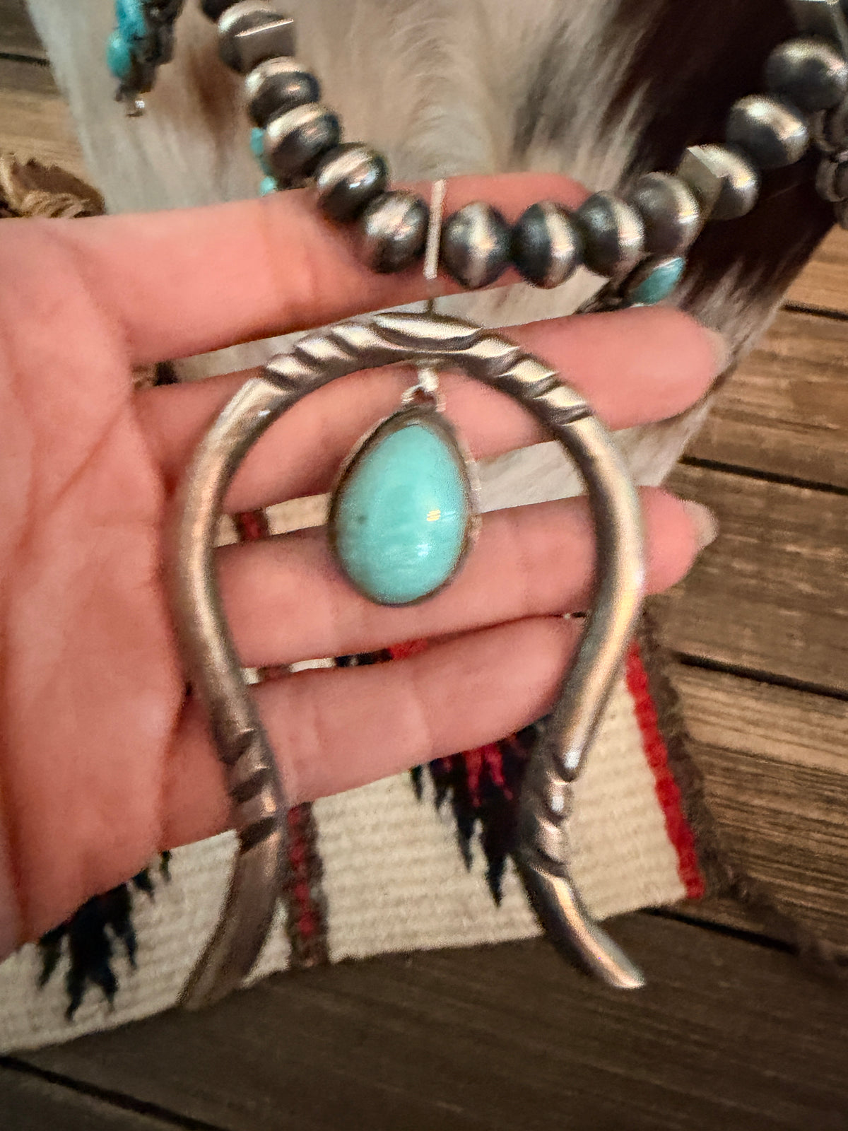 Handcrafted Turquoise & Sterling Silver Squash Blossom Necklace and Earring Set by Larry Kaye
