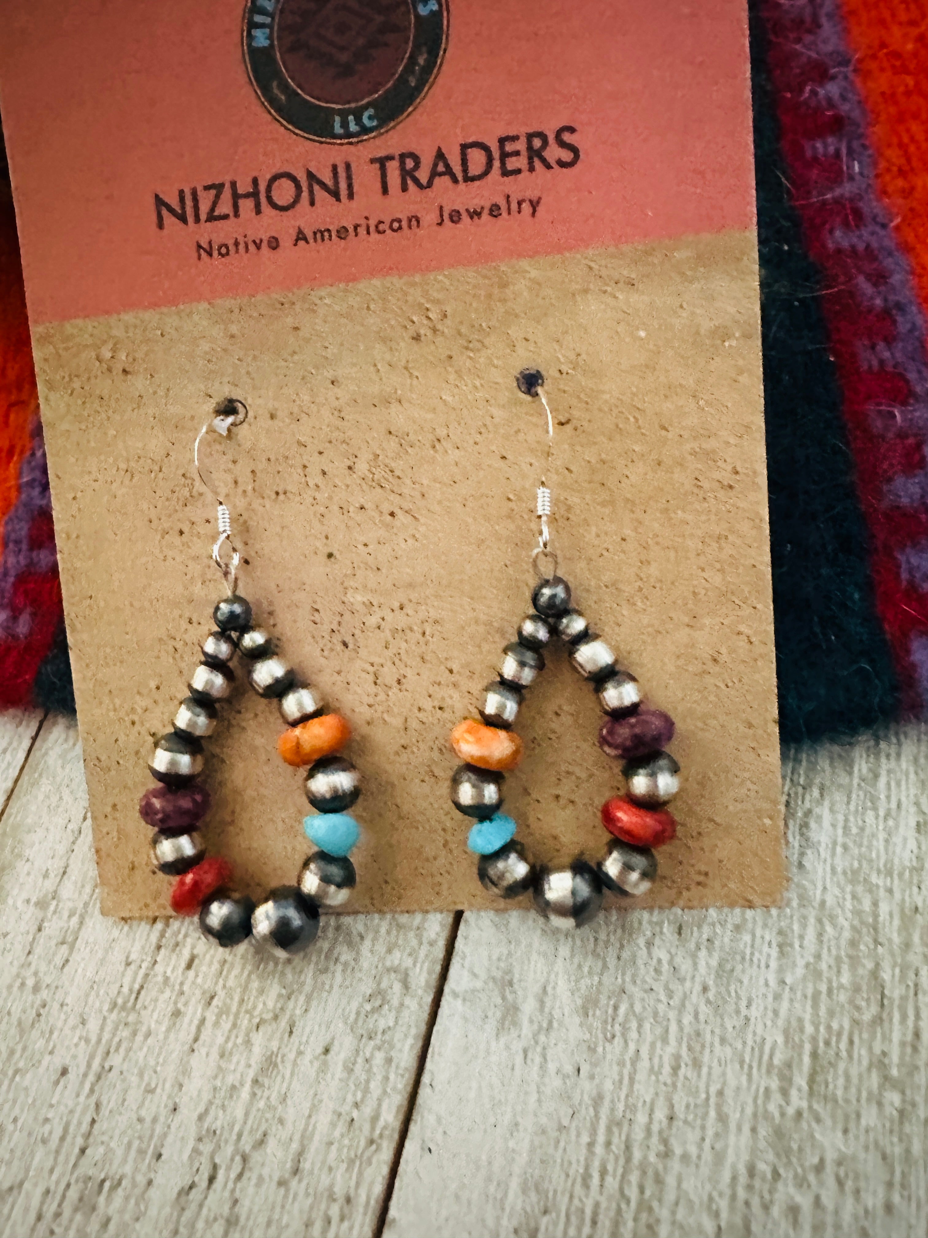 Navajo Multi Stone & Sterling Silver Pearl Beaded Dangle Hoop Earrings