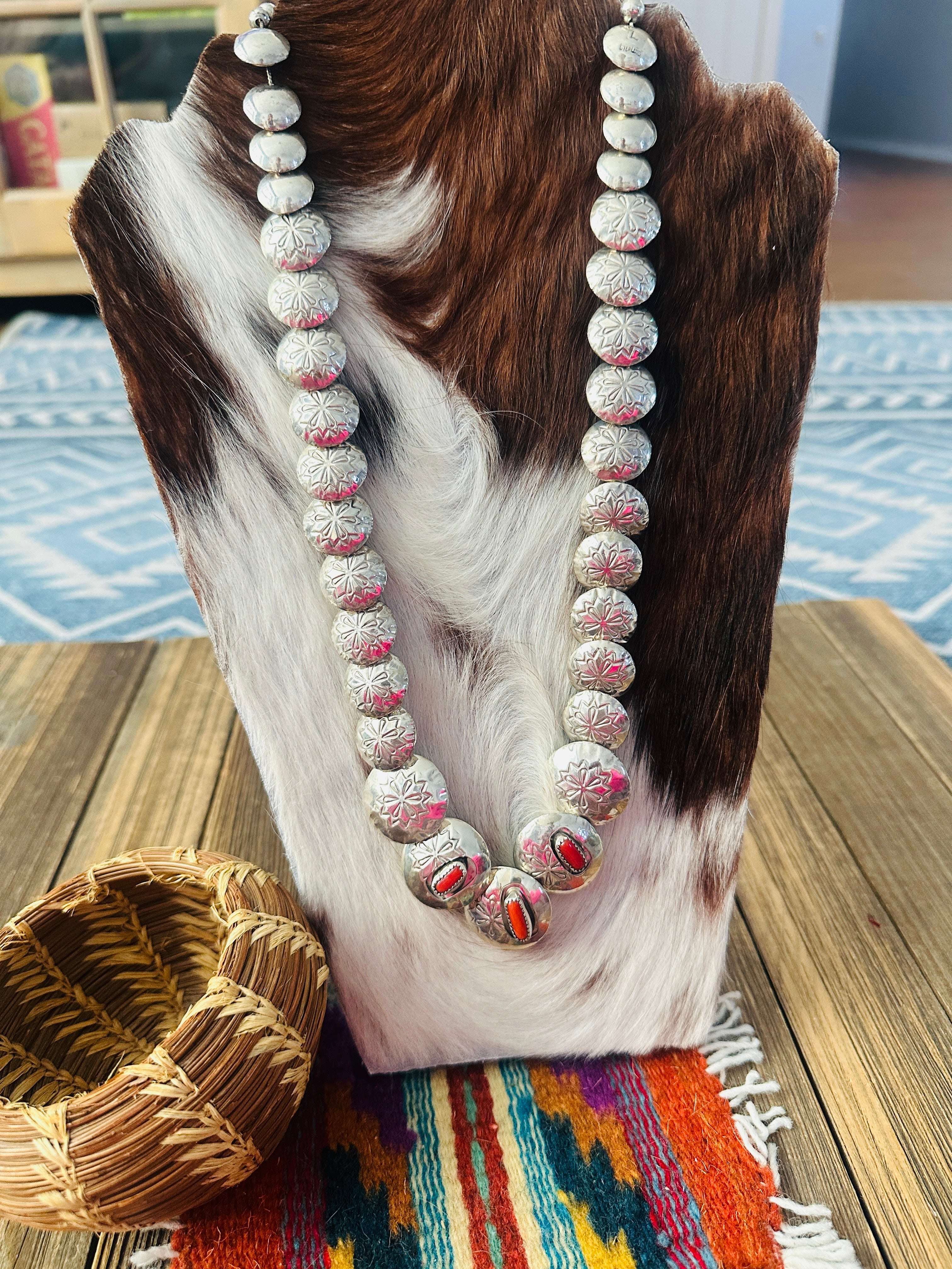 Old Pawn Handcrafted Turquoise, Coral & Sterling Silver Pillow Bead Reversible Necklace