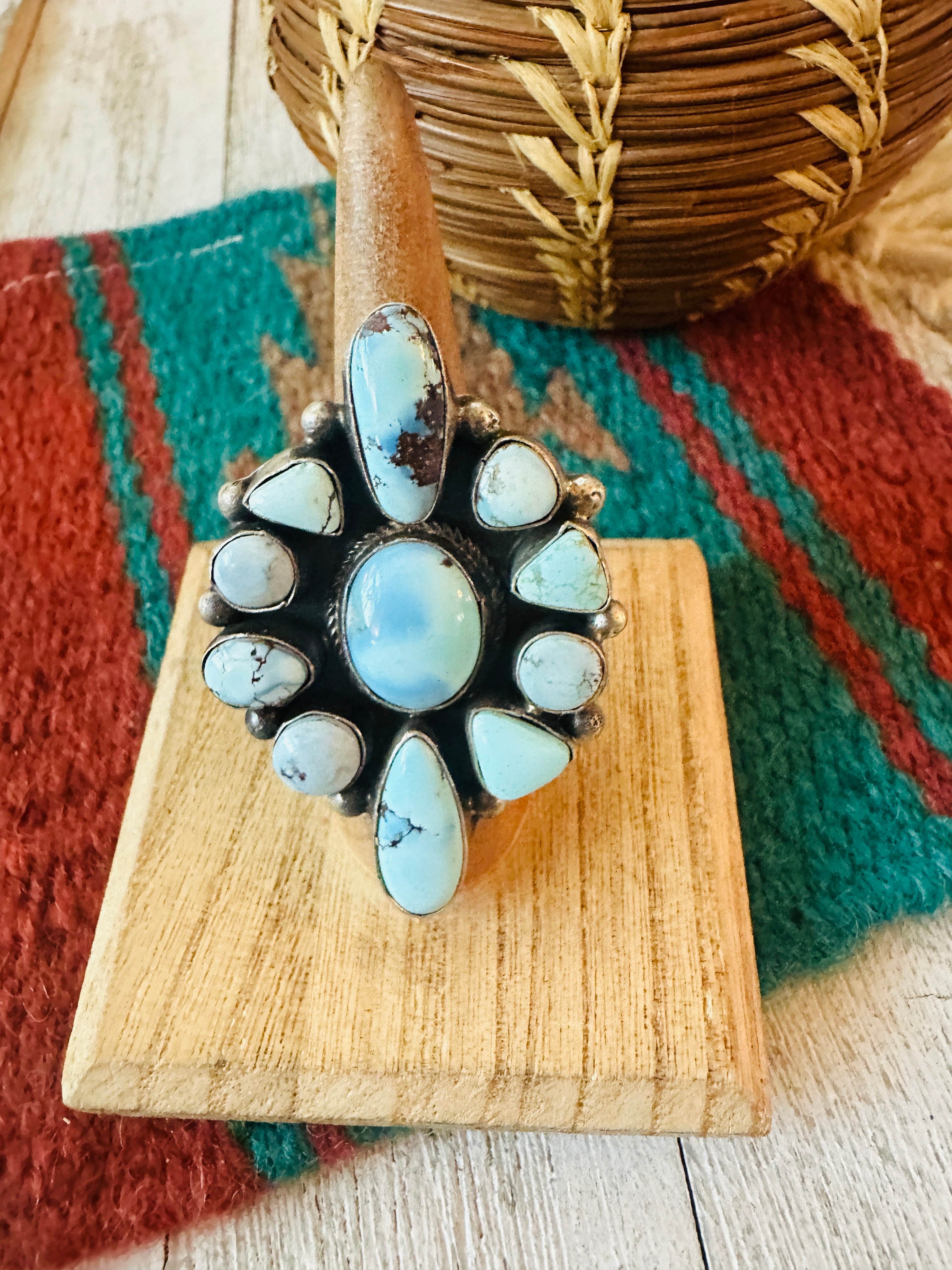 Navajo Golden Hills Turquoise & Sterling Silver Cluster Ring Size 7