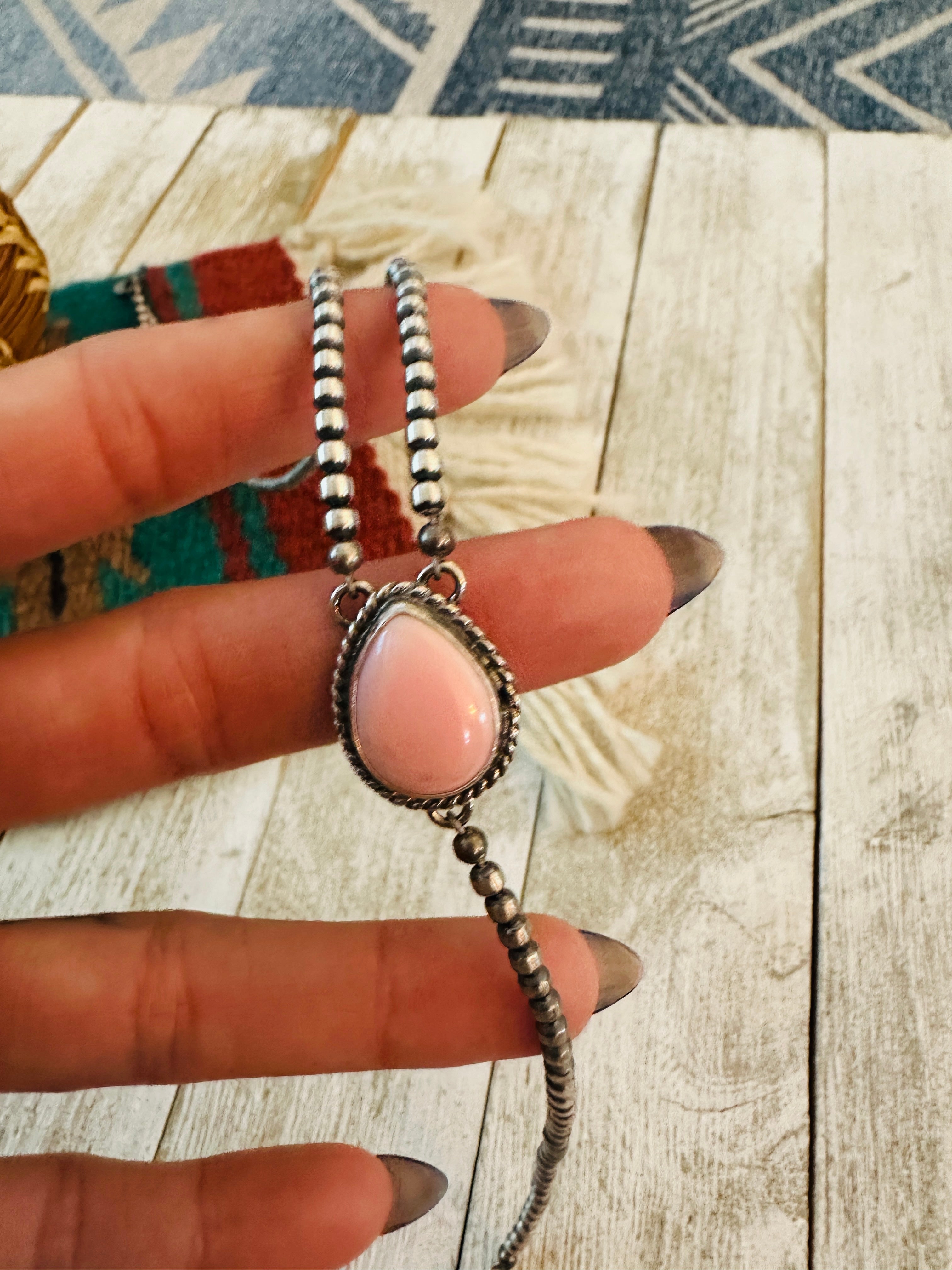 Queen Pink Conch & Sterling Silver Pearl Beaded Lariat Necklace