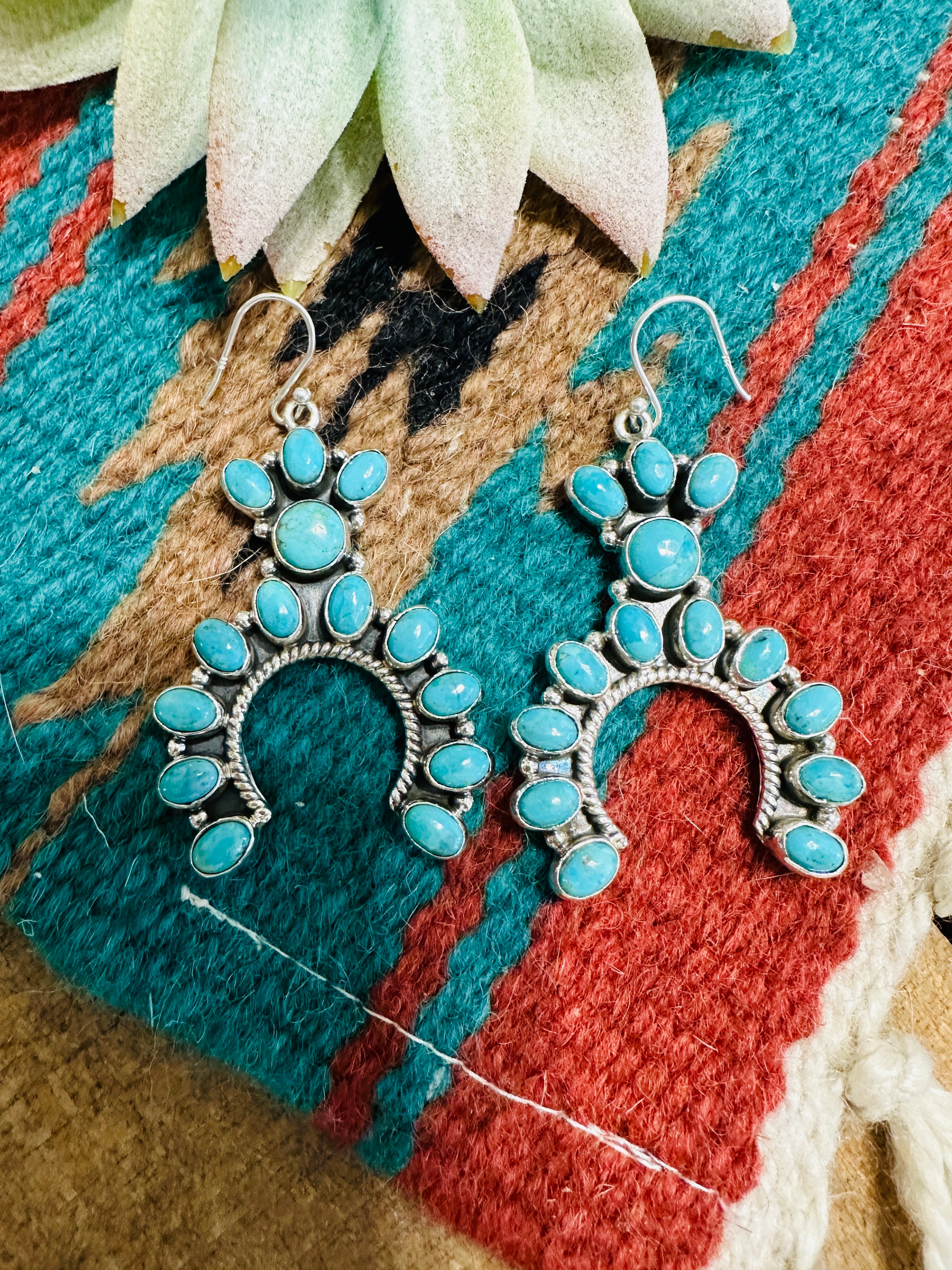 Handmade Turquoise & Sterling Silver Naja Style Dangle Earrings Signed Nizhoni