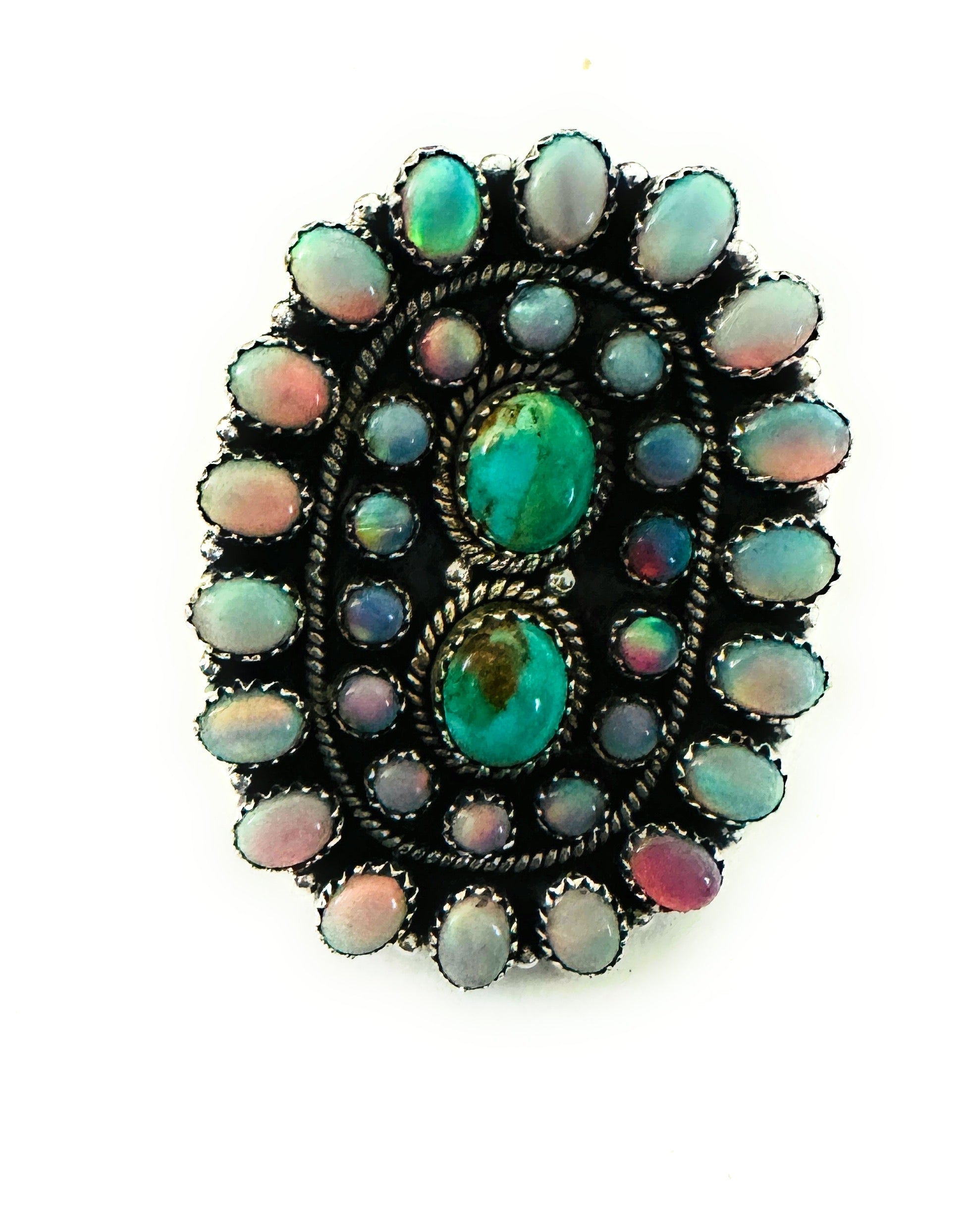 Handmade Sterling Silver, Opal & Turquoise Cluster Adjustable Ring by Nizhoni