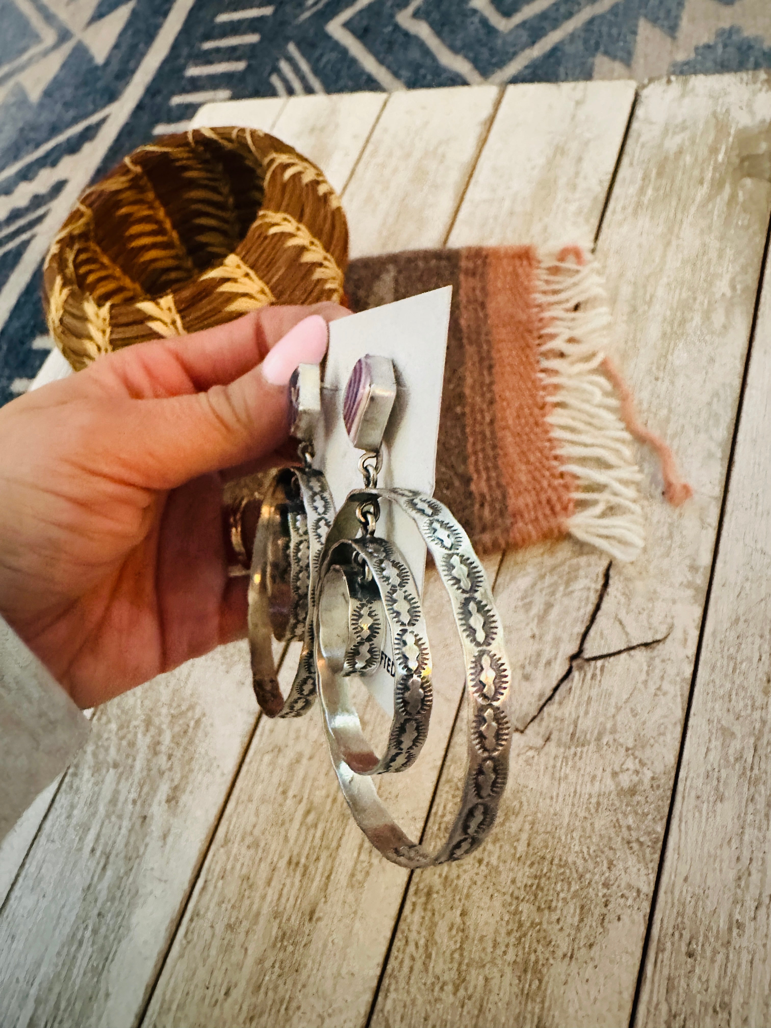 Navajo Sterling Silver & Charoite Dangle Hoop Earrings