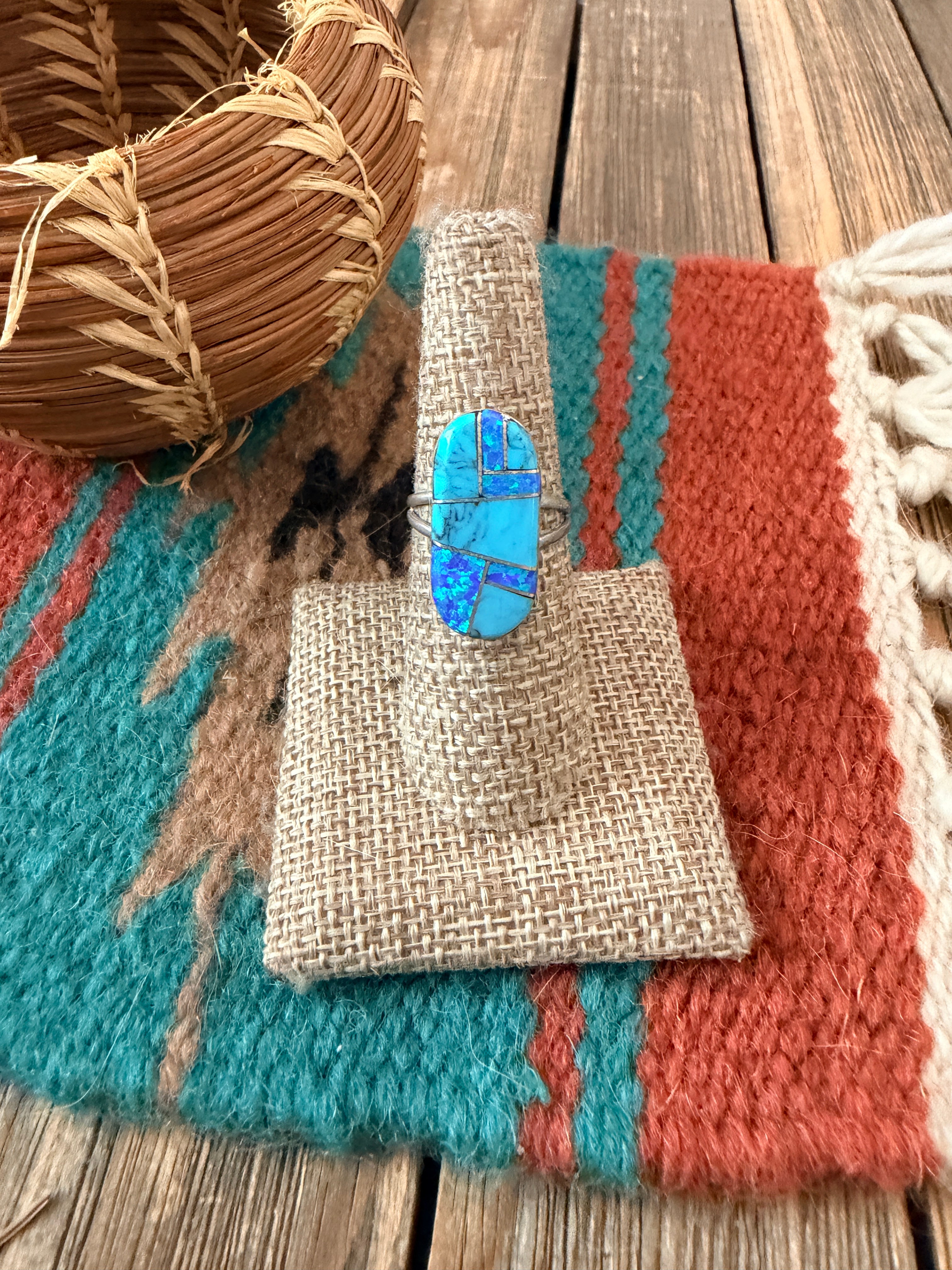 Old Pawn Handcrafted Turquoise, Opal & Sterling Silver Inlay Ring Size 7