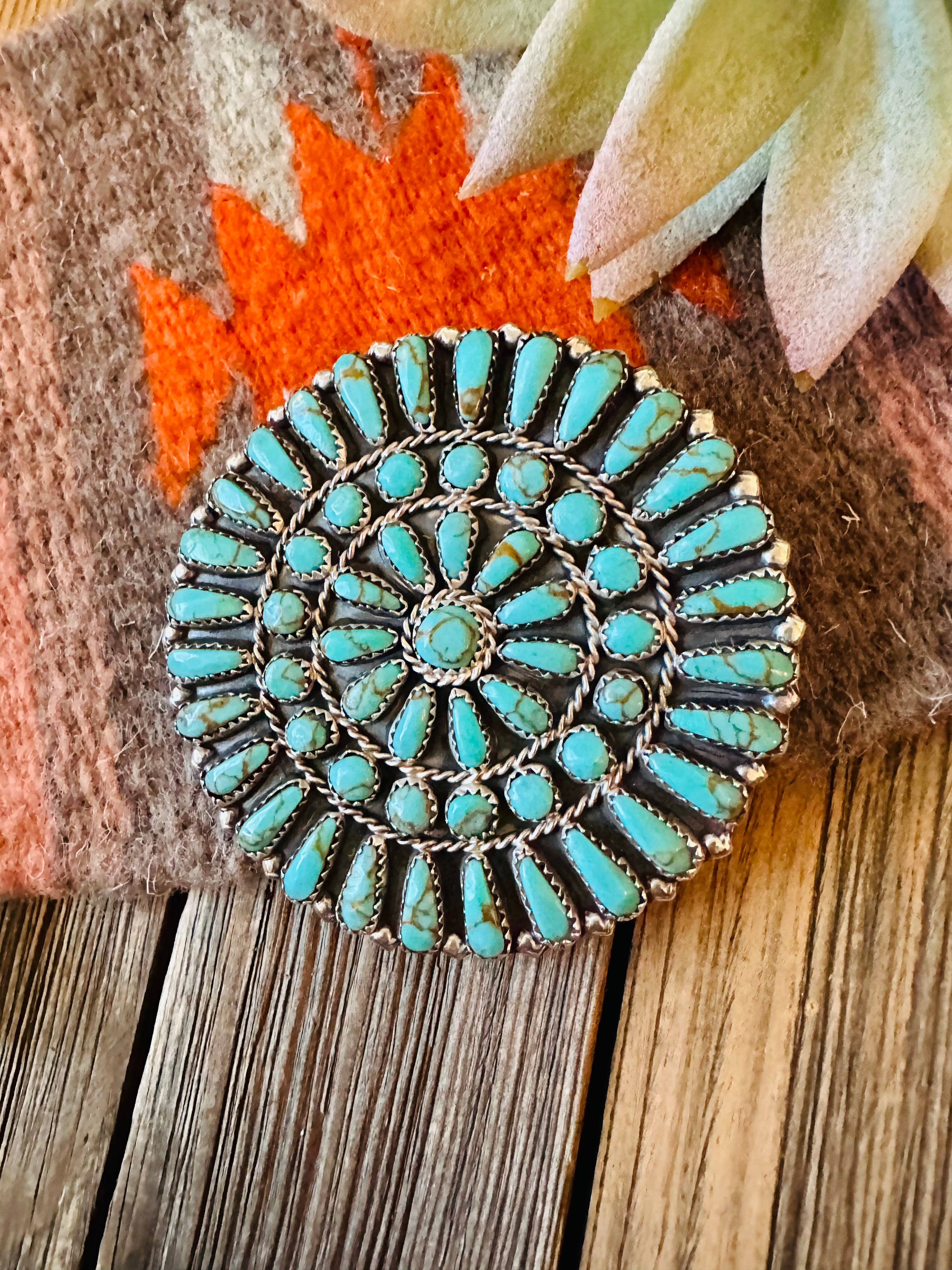 Navajo Sterling Silver and Turquoise Cluster Brooch