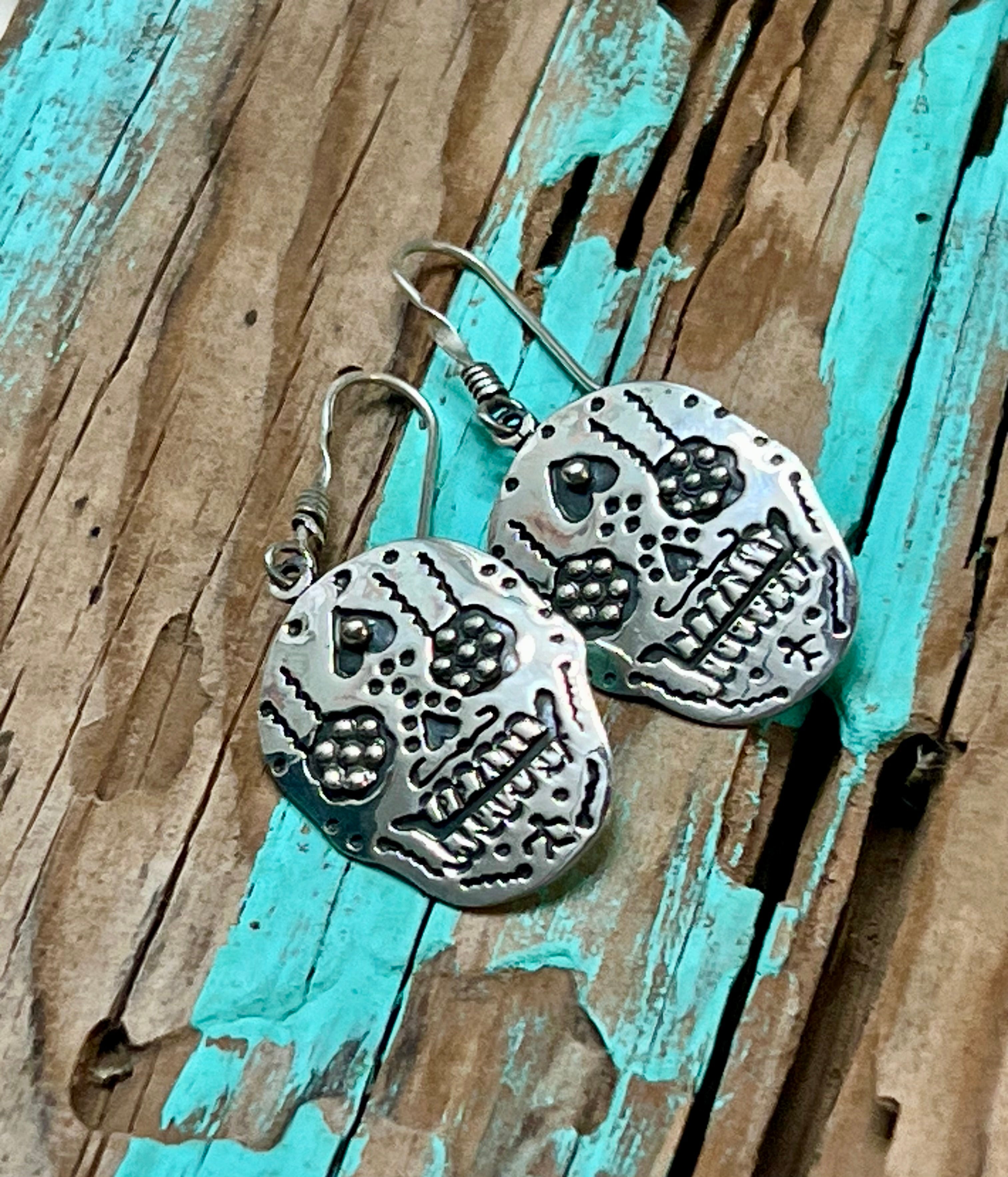 Sugar Skull with Upside Down Heart Sterling Silver Earrings