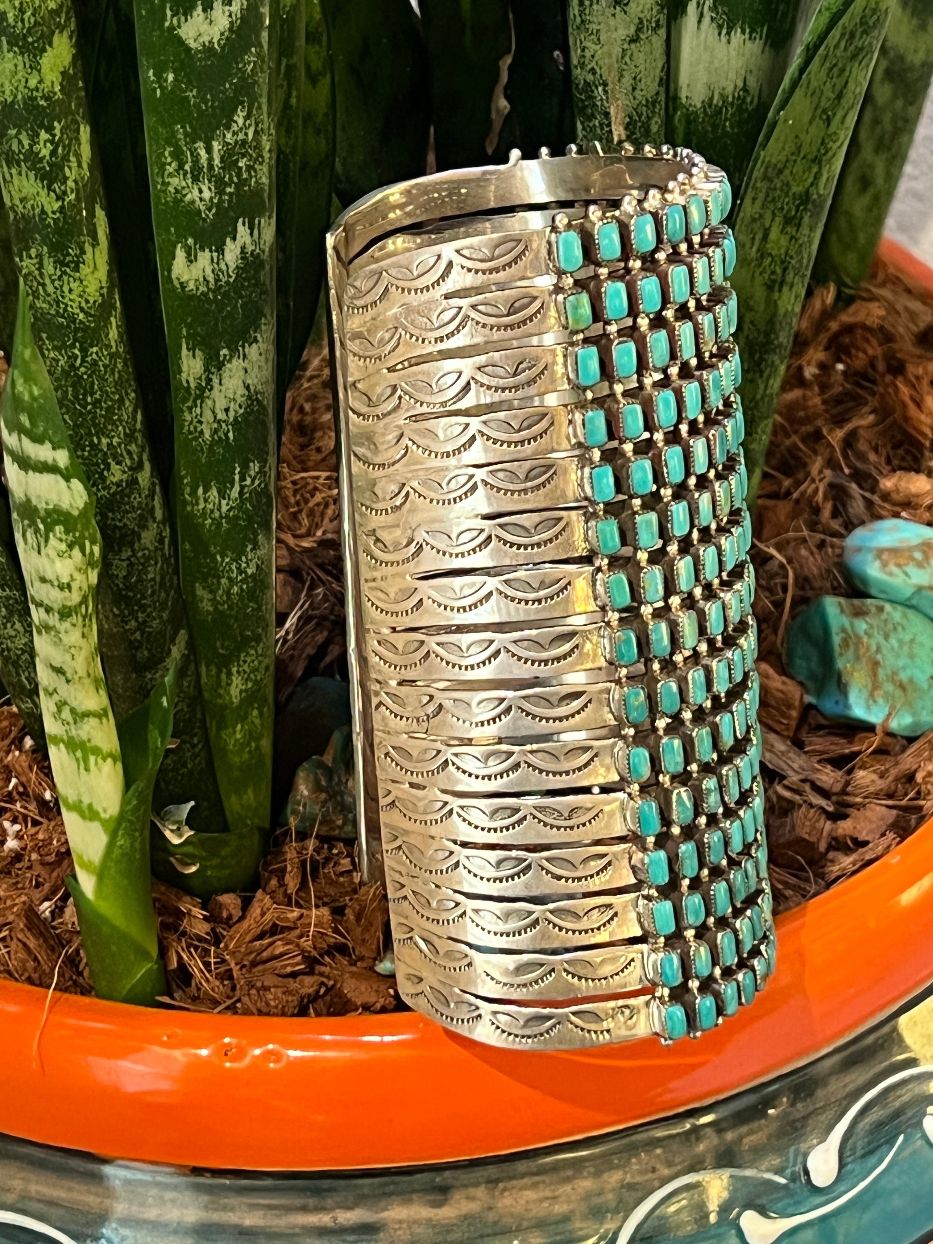 Handcrafted Epic Made 15 Row Sterling Silver and Turquoise Gauntlet Style Cuff Bracelet /