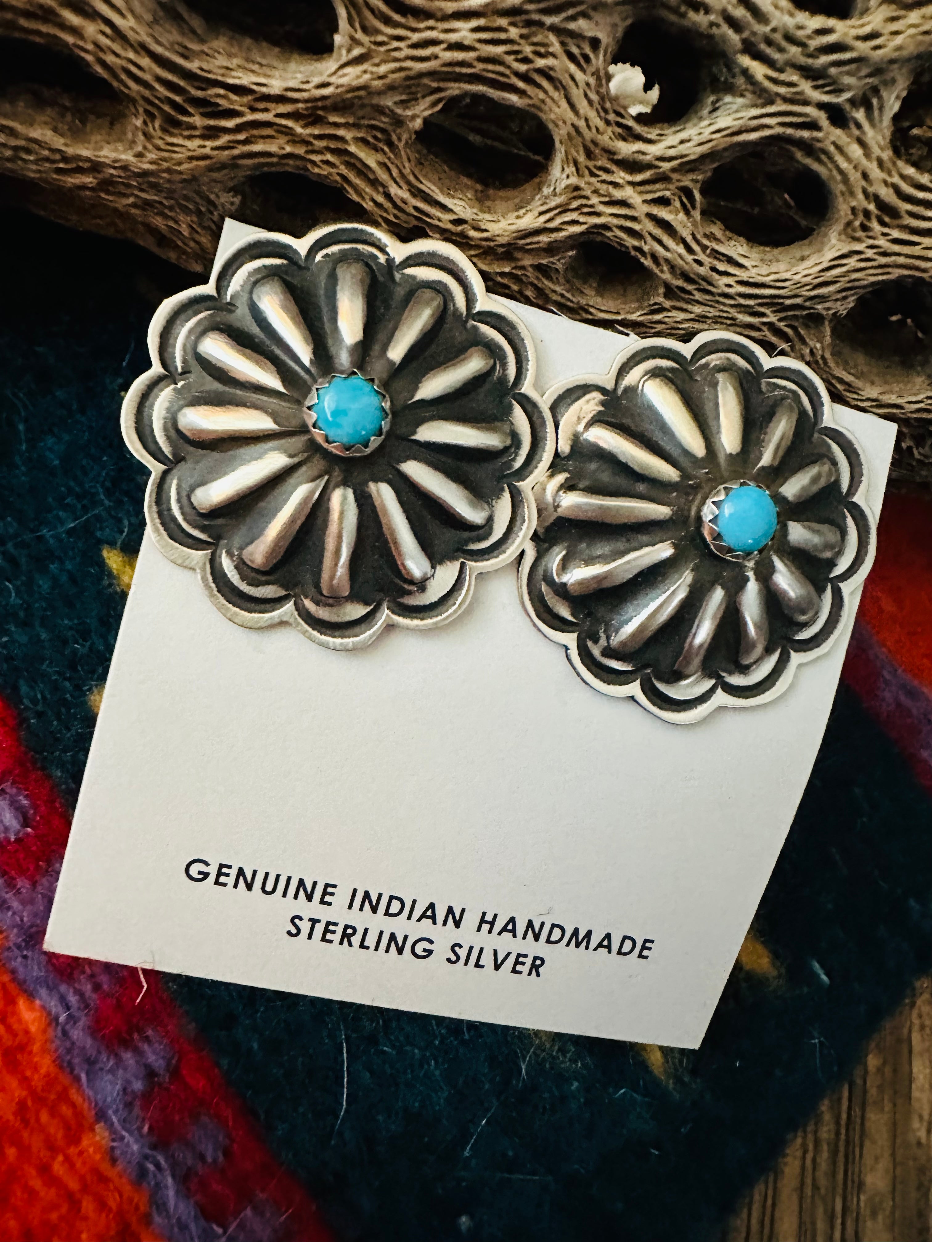 Navajo Sterling Silver & Turquoise Concho Stud Earrings