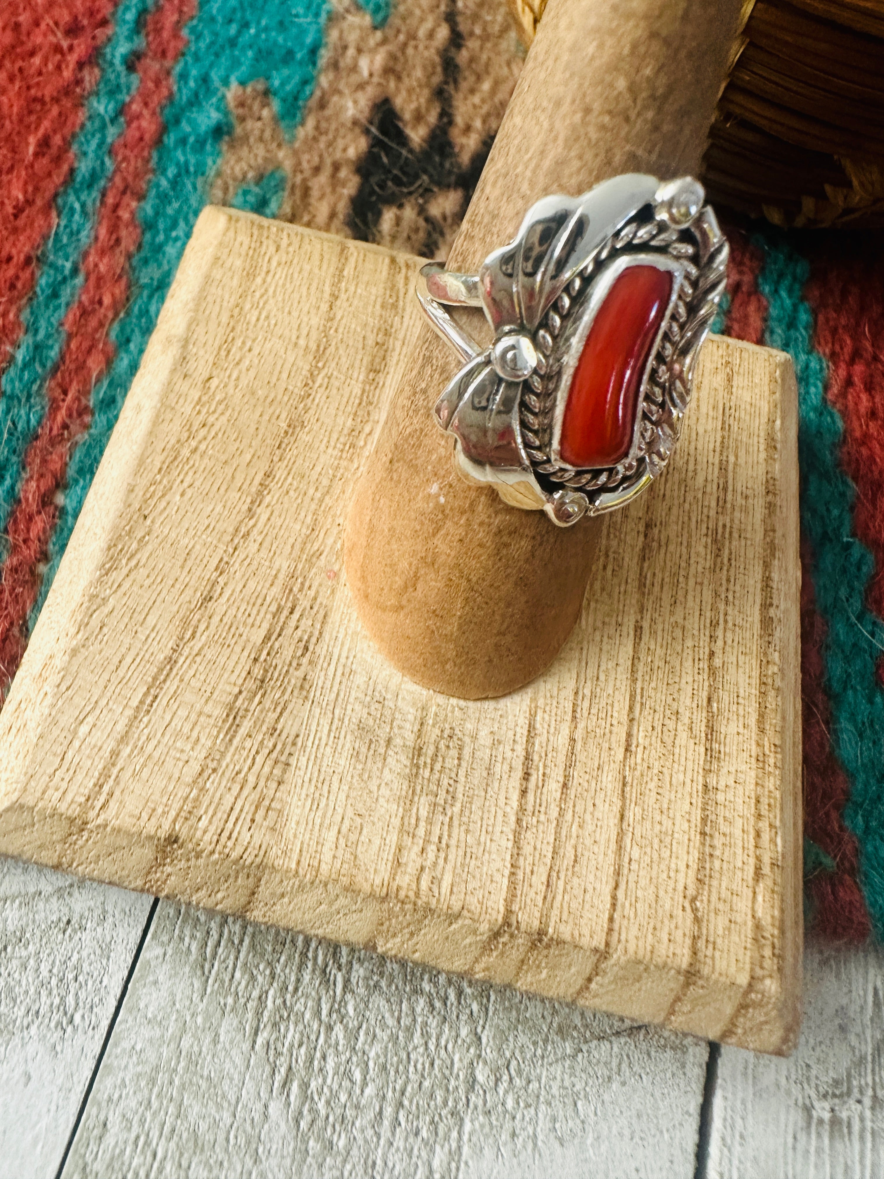 Navajo Coral & Sterling Silver Ring Size 6