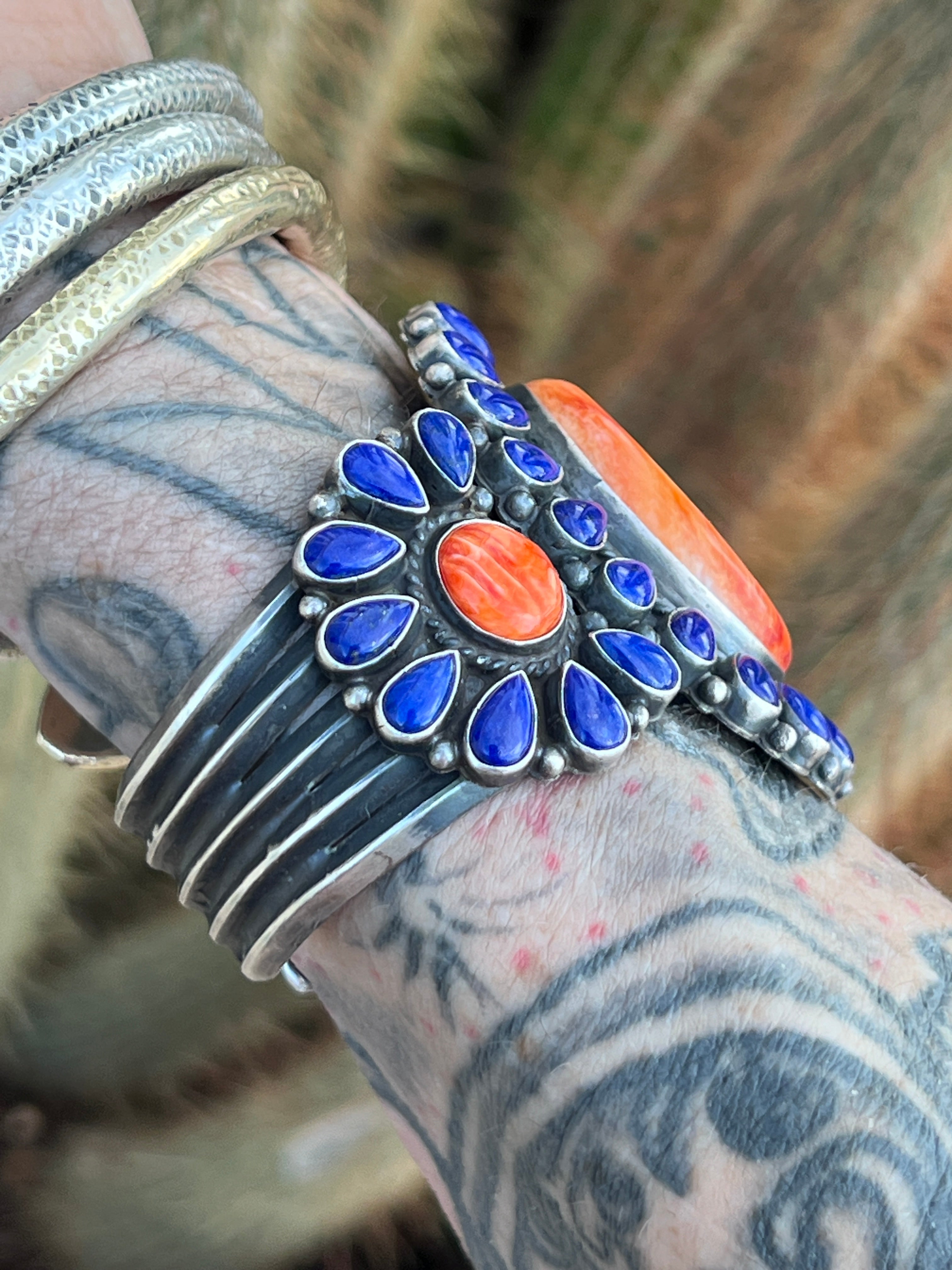 Glowing Anthony Skeets Lapis Lazuli and Orange Spiny Oyster Cluster Cuff Bracelet