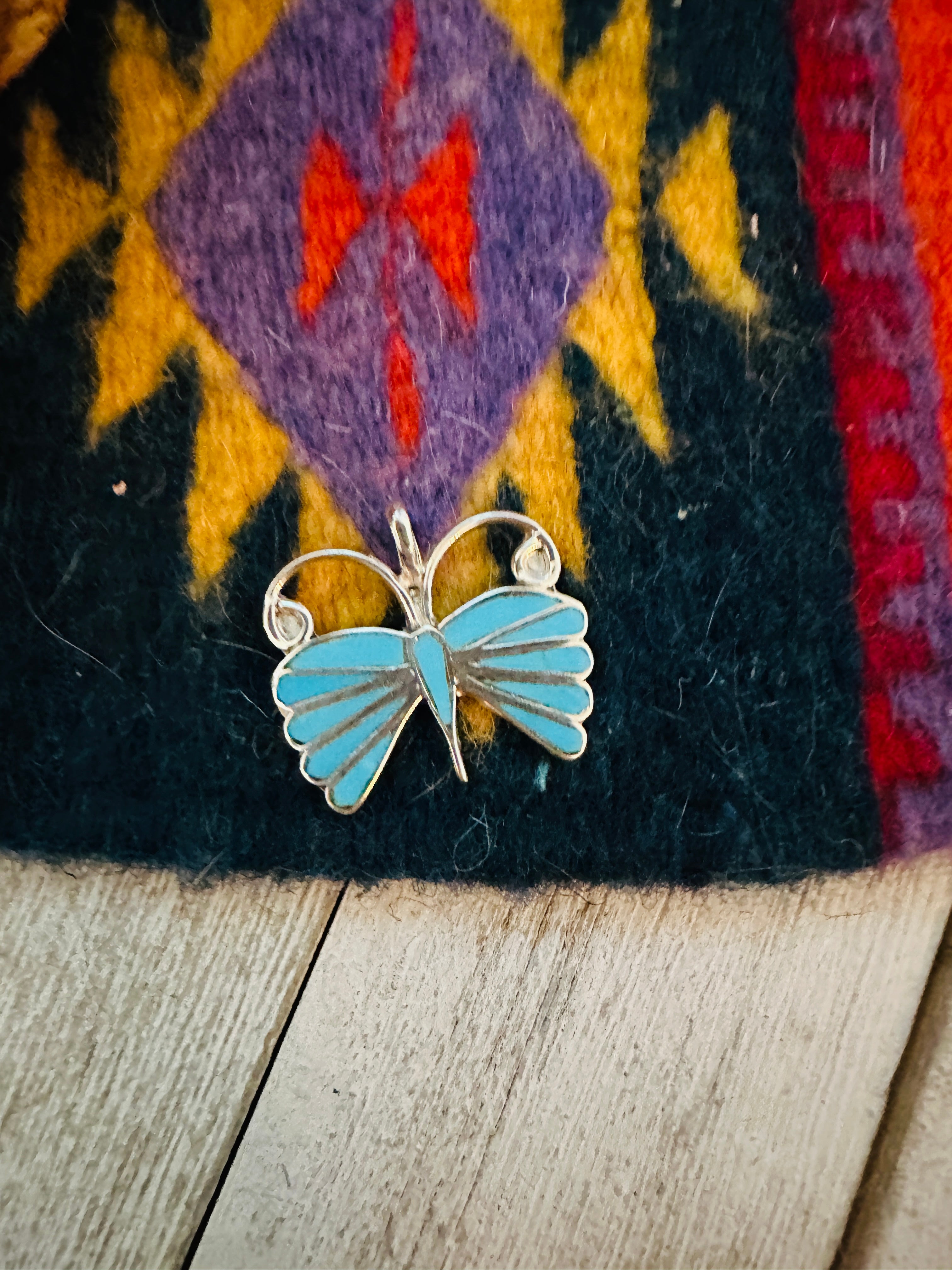 Navajo Sterling Silver & Turquoise Inlay Butterfly Pendant