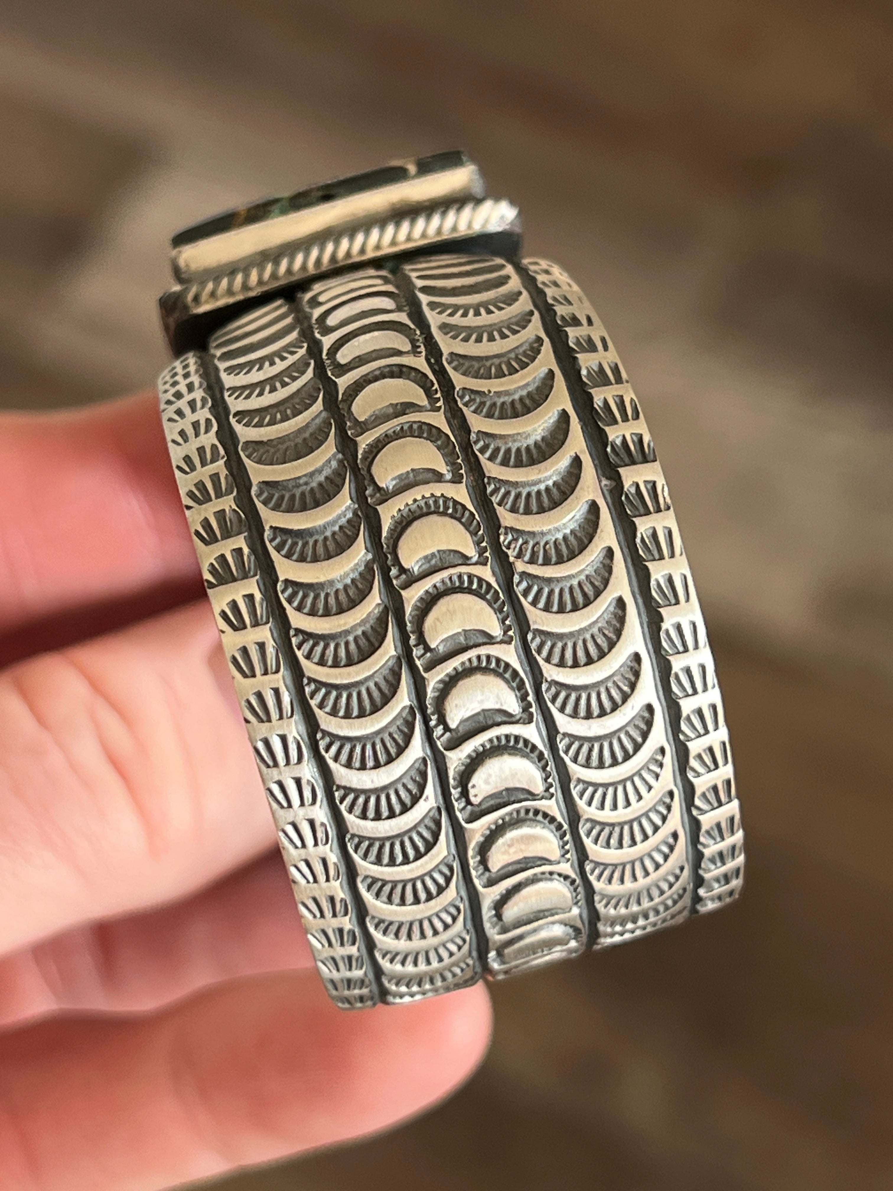 Handcrafted Sterling Silver and Blackjack Turquoise Hand Stamped Cuff Bracelet by Randy Boyd