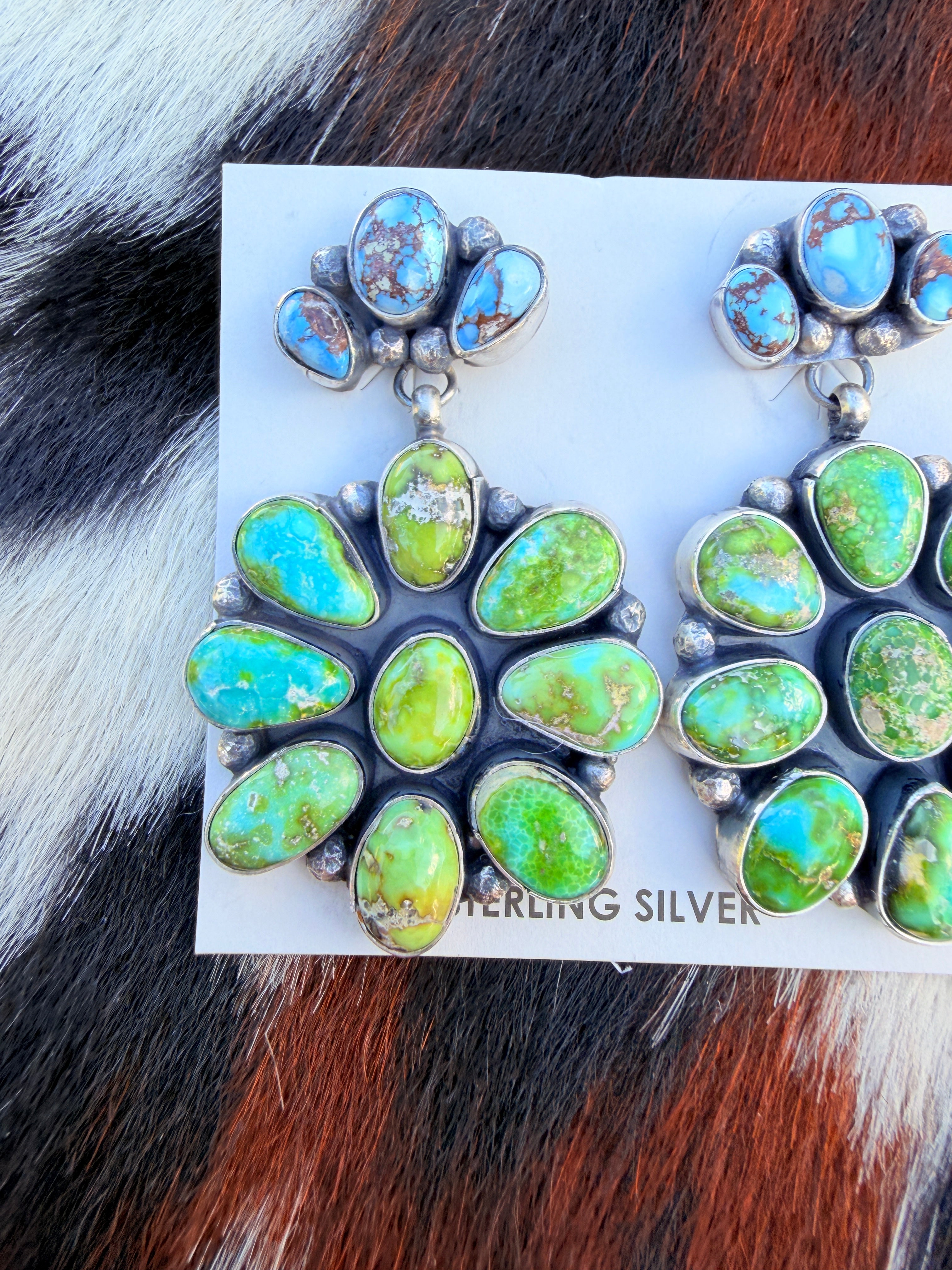 Handcrafted Multi Turquoise & Sterling Silver Cluster Dangle Earrings