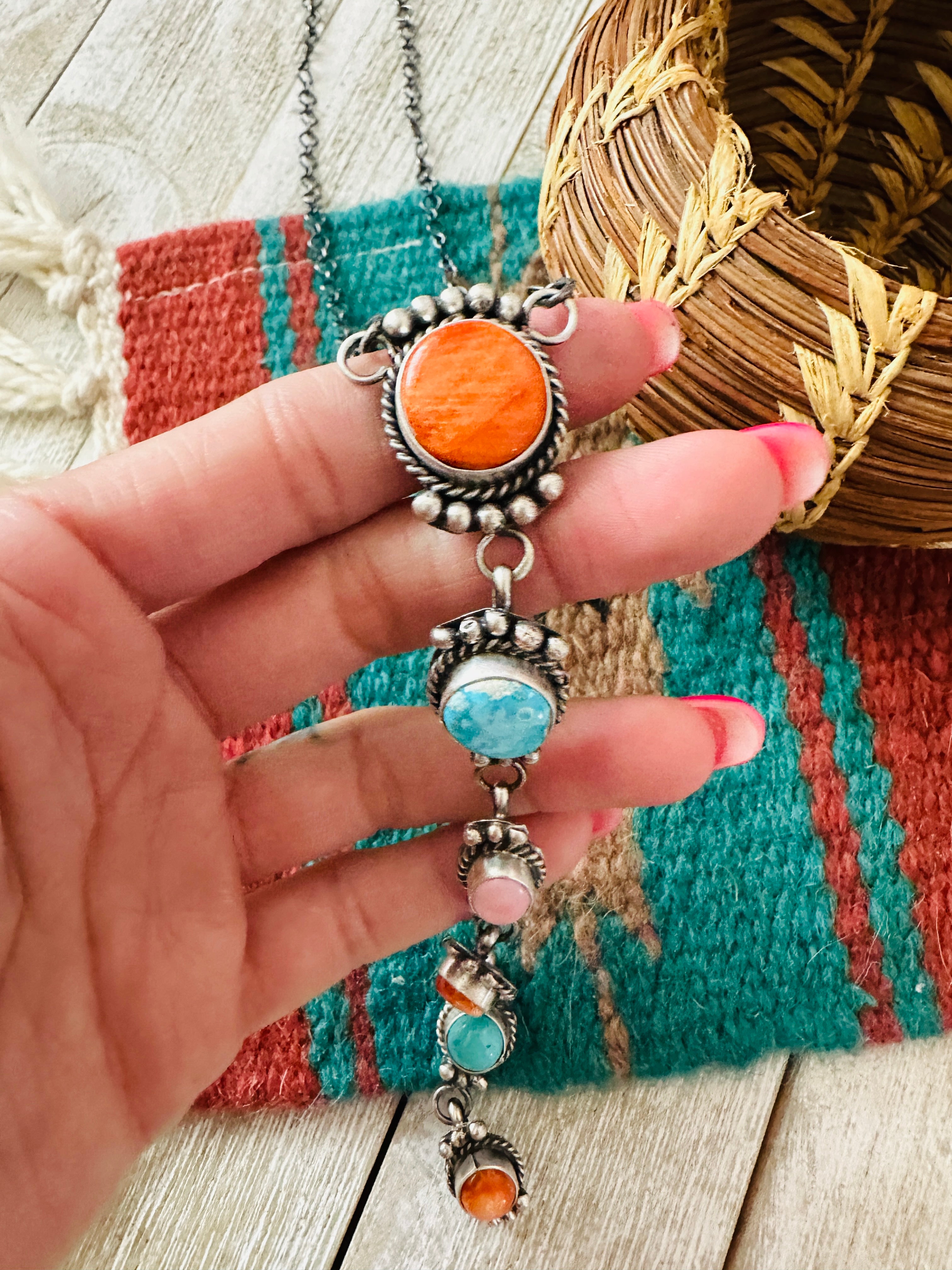 Handcrafted Sterling Silver & Multi Stone Lariat Necklace