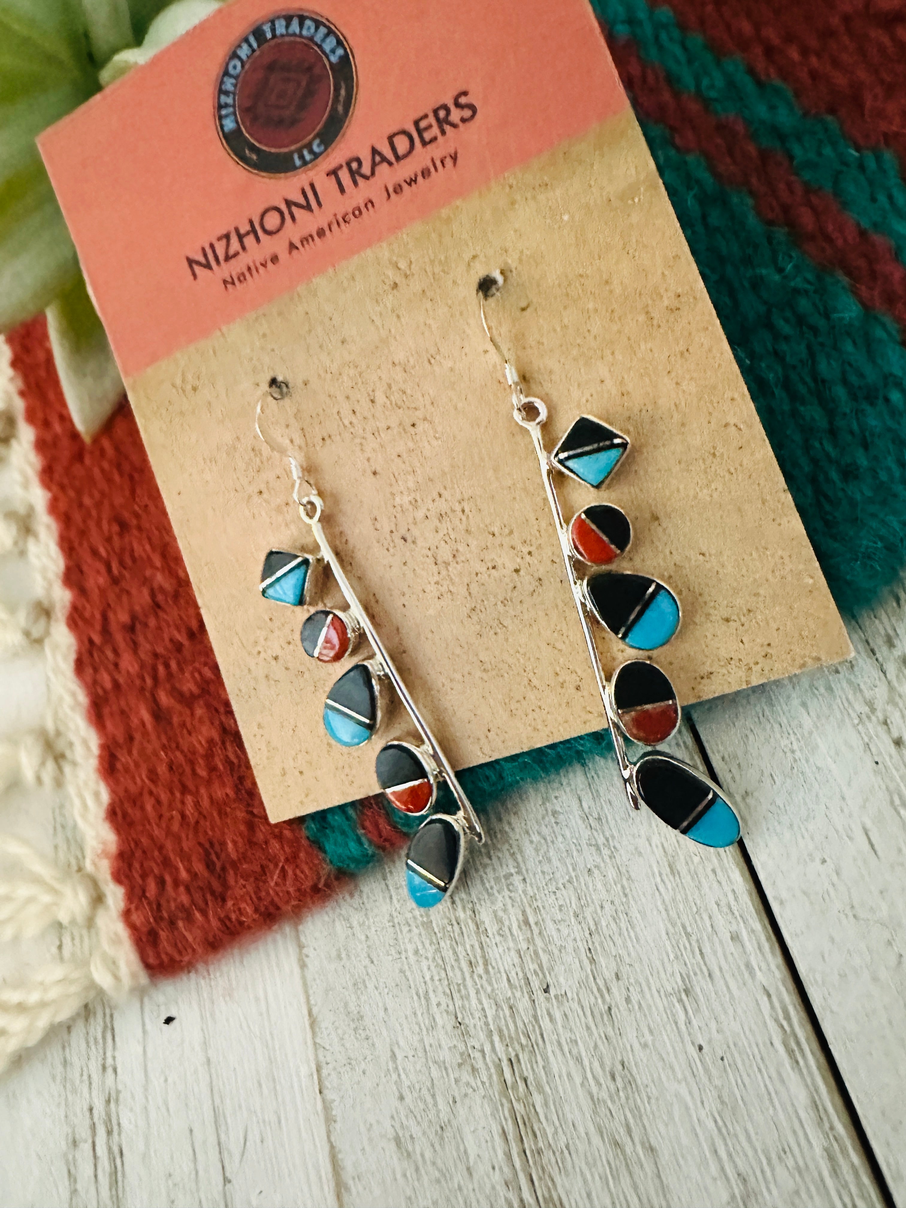 Navajo Multi Stone & Sterling Silver Inlay Dangle Earrings