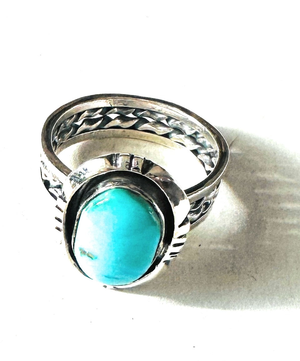 Navajo Turquoise & Sterling Silver Shadowbox Ring Size 7