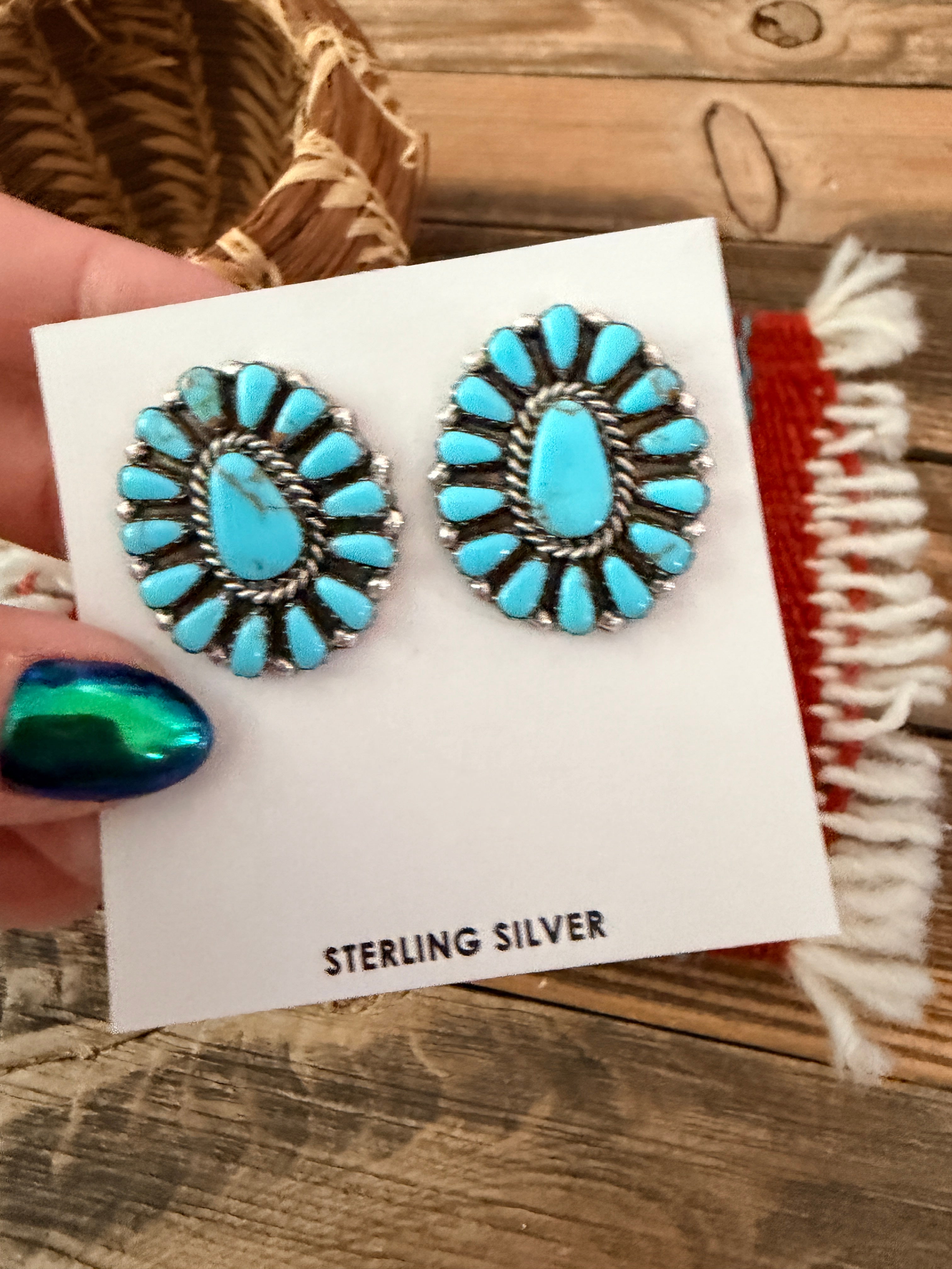 Handcrafted Turquoise & Sterling Silver Cluster Post Earrings