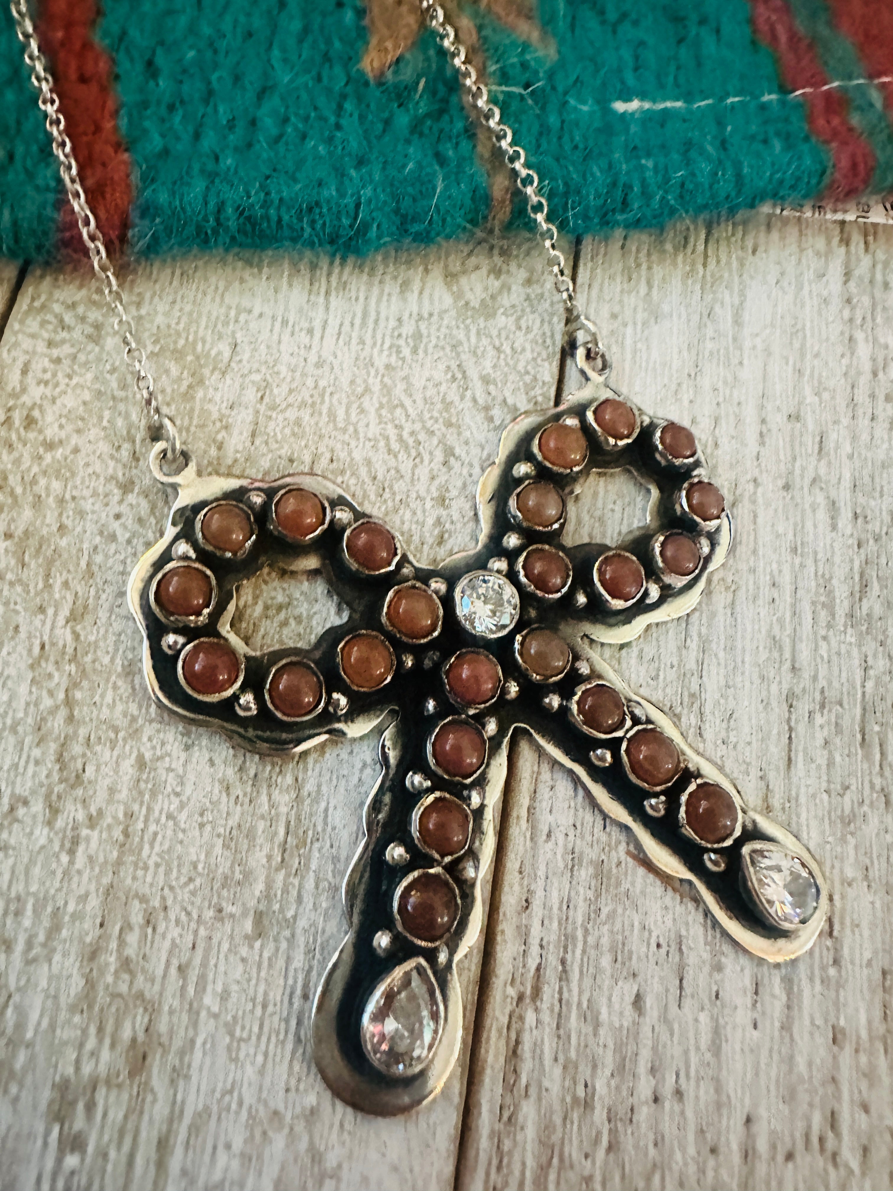 ** Christmas Collection ** Handmade Sterling Silver, Mother of Pearl & CZ Bow Necklace Signed Nizhoni