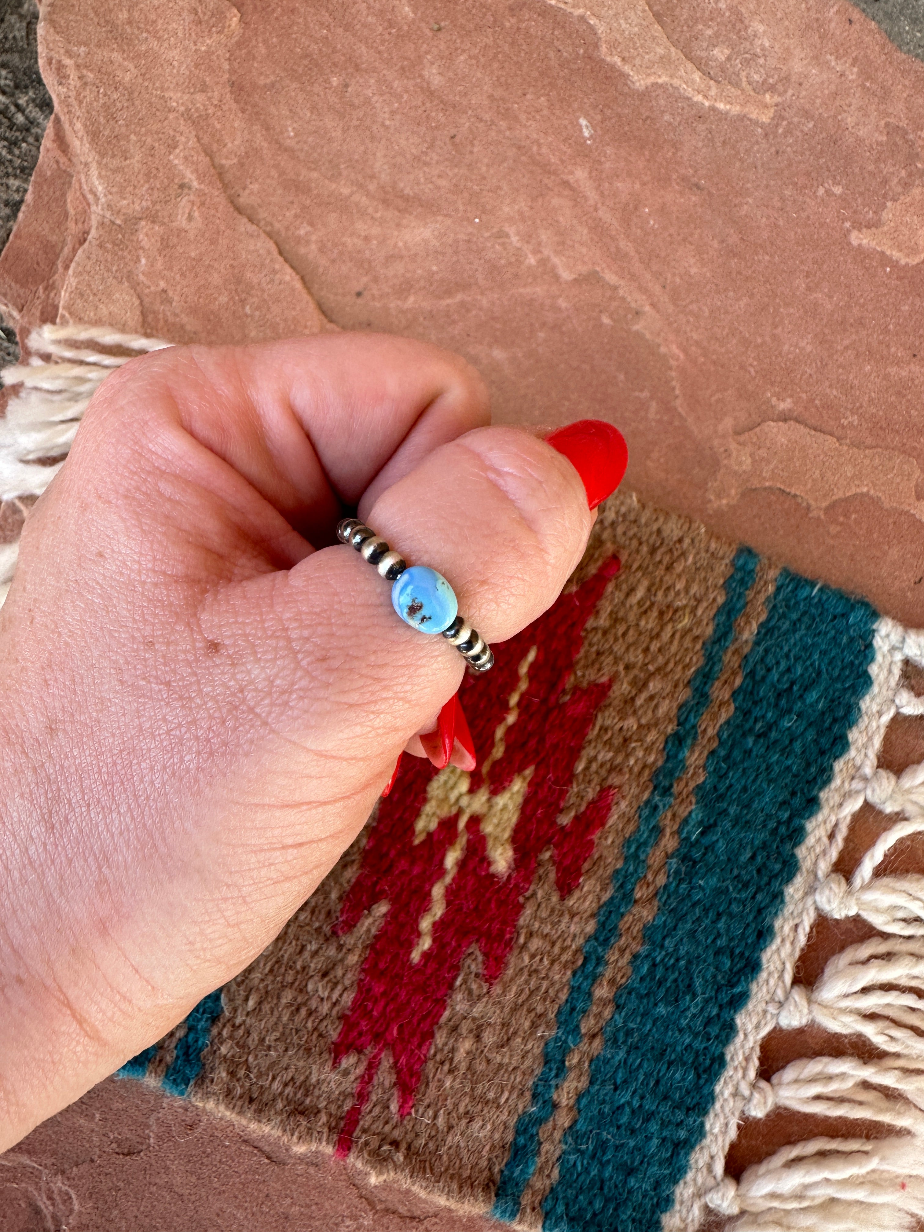 THE VENICE BAND Handmade Sterling Silver Navajo Pearl Style Golden Hills Turquoise Beaded Stretch Ring