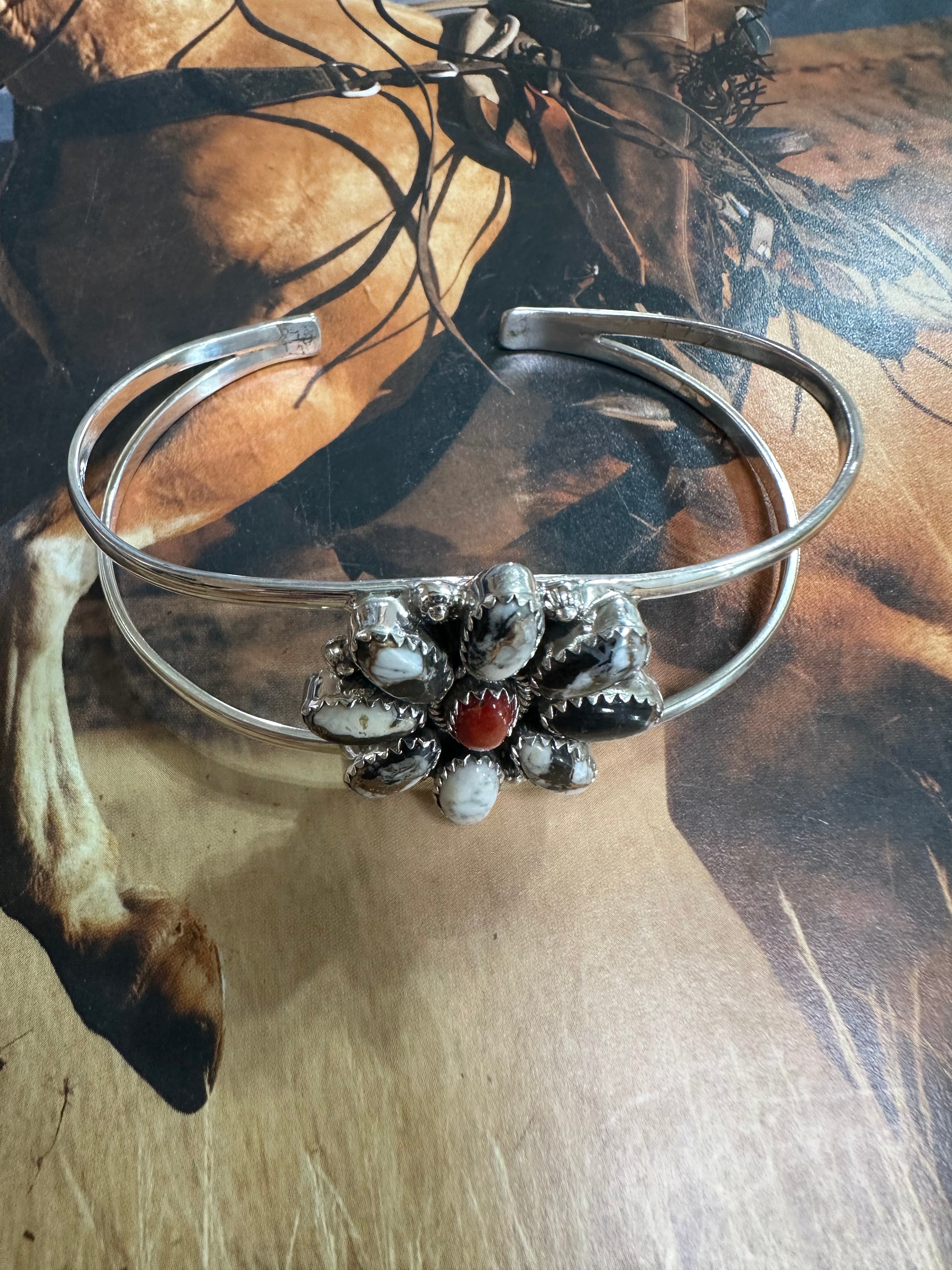 Handmade Sterling Silver, White Buffalo & Coral Adjustable Cuff Bracelet