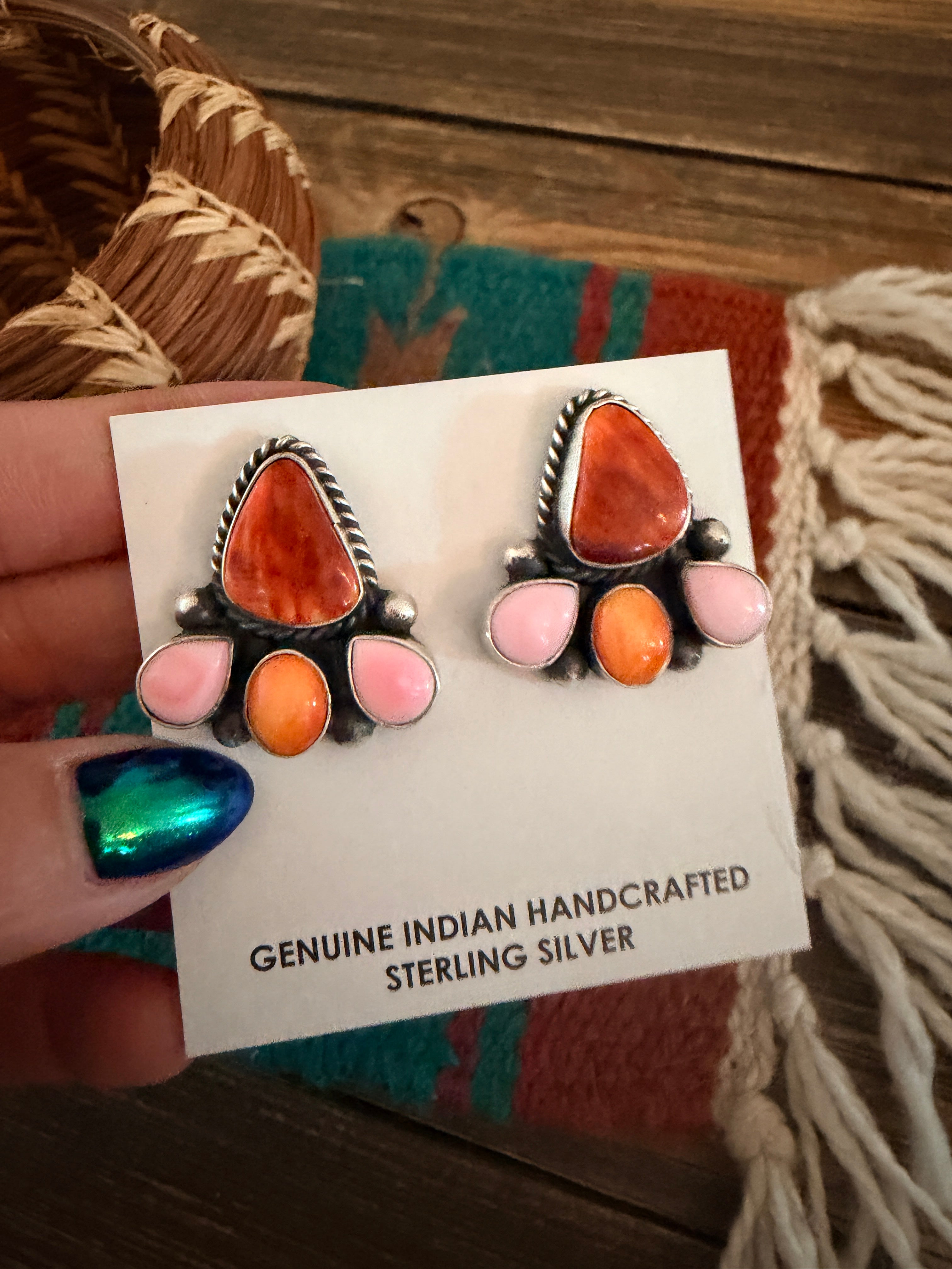 Handcrafted Spiny Oyster, Queen Pink Conch & Sterling Silver Post Earrings by Hiram Largo