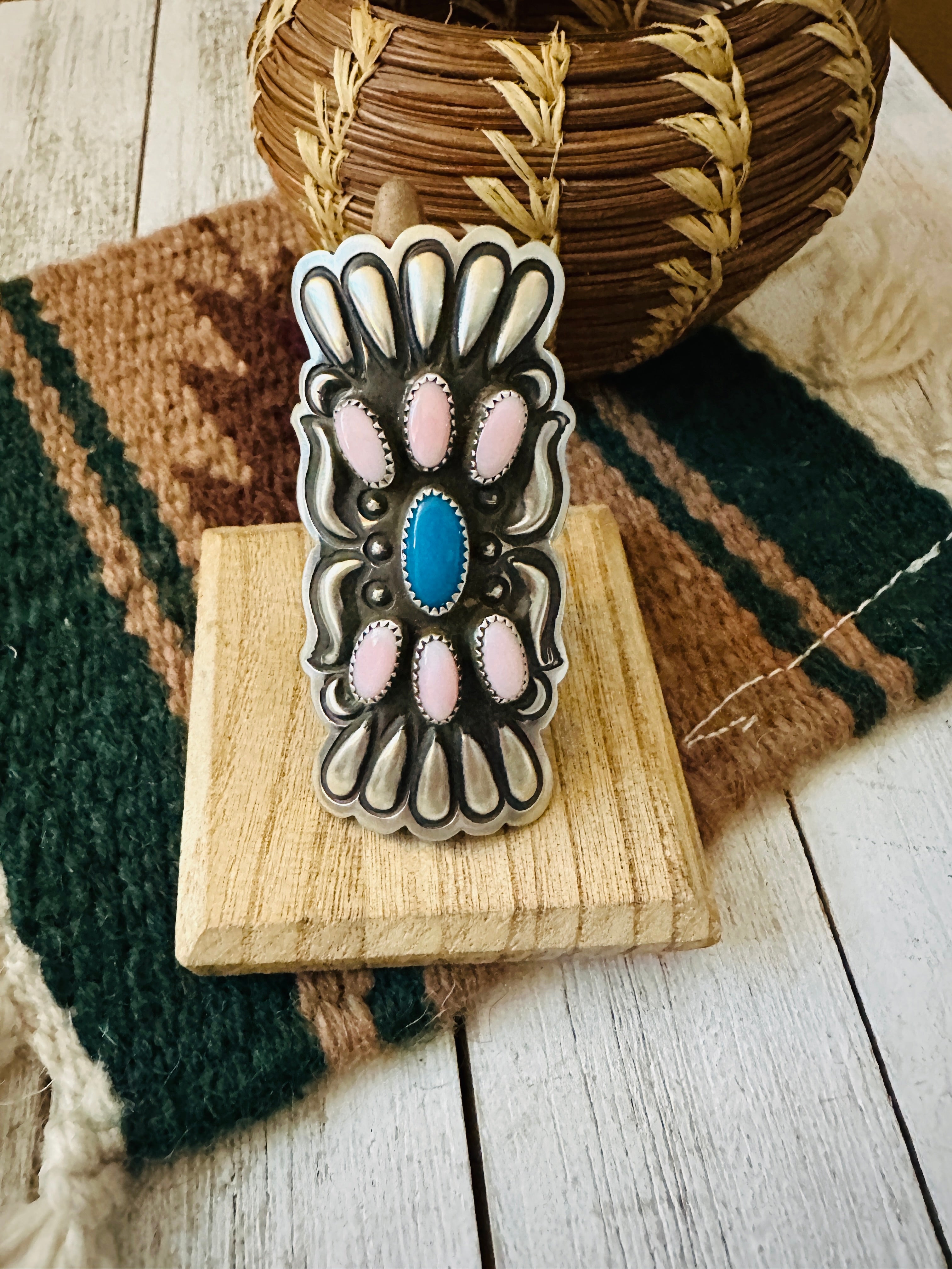 Navajo Sterling Silver, Turquoise & Queen Pink Conch Shell Adjustable Ring