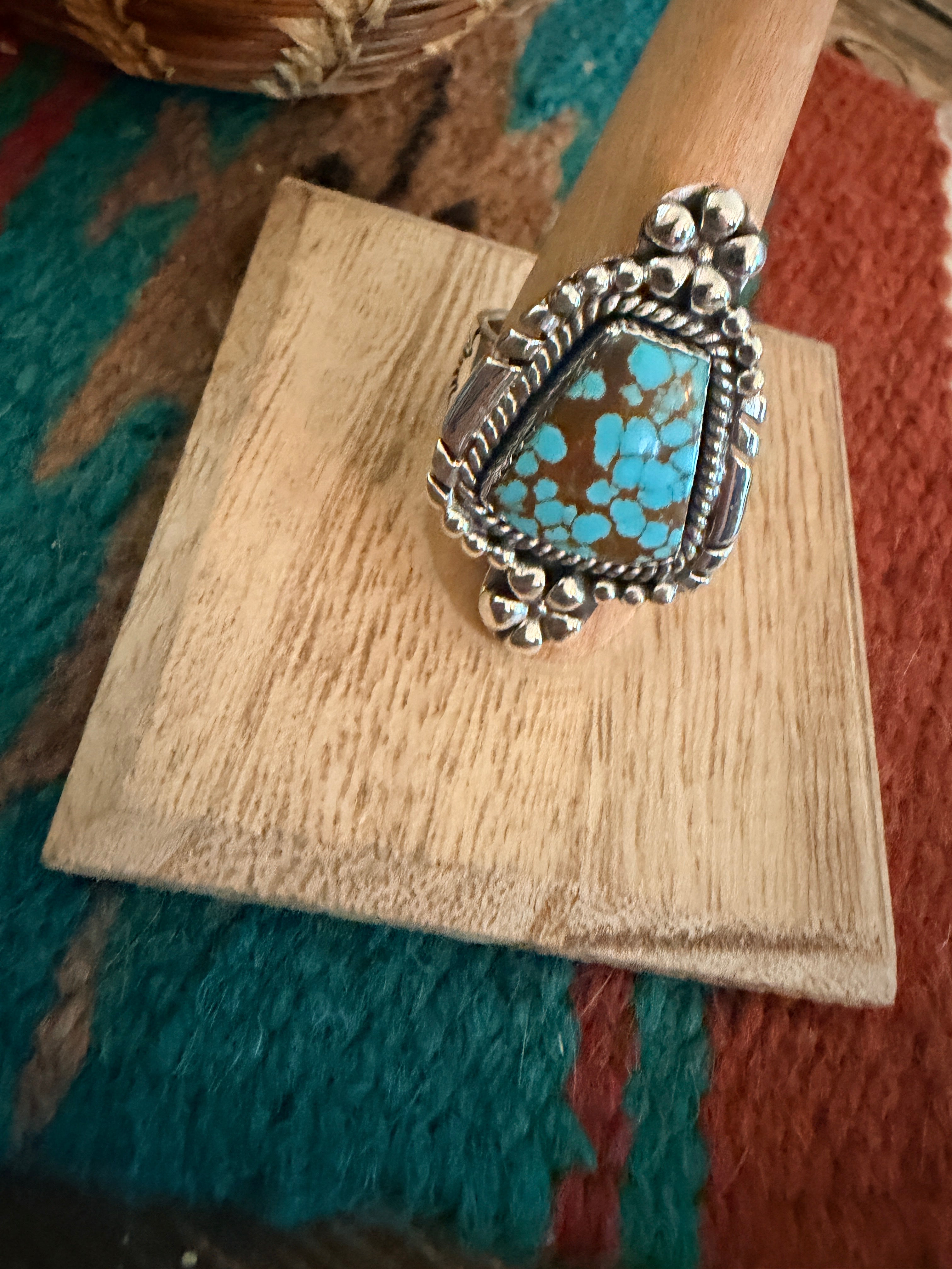 Handmade Sterling Silver Number 8 Turquoise Adjustable Ring Signed Nizhoni