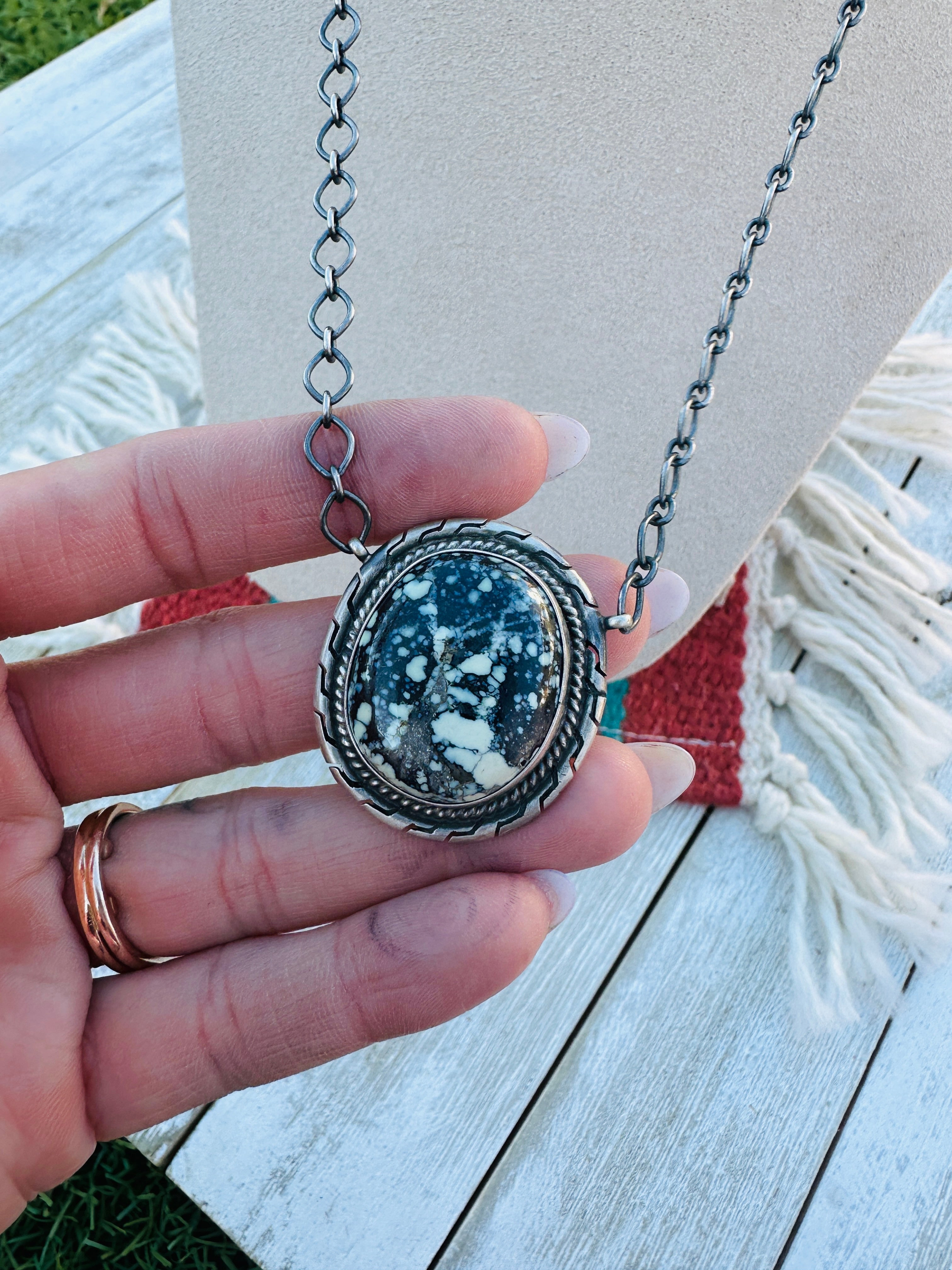 Handcrafted Sterling Silver 18” Link Chain & Tibetan Turquoise Necklace