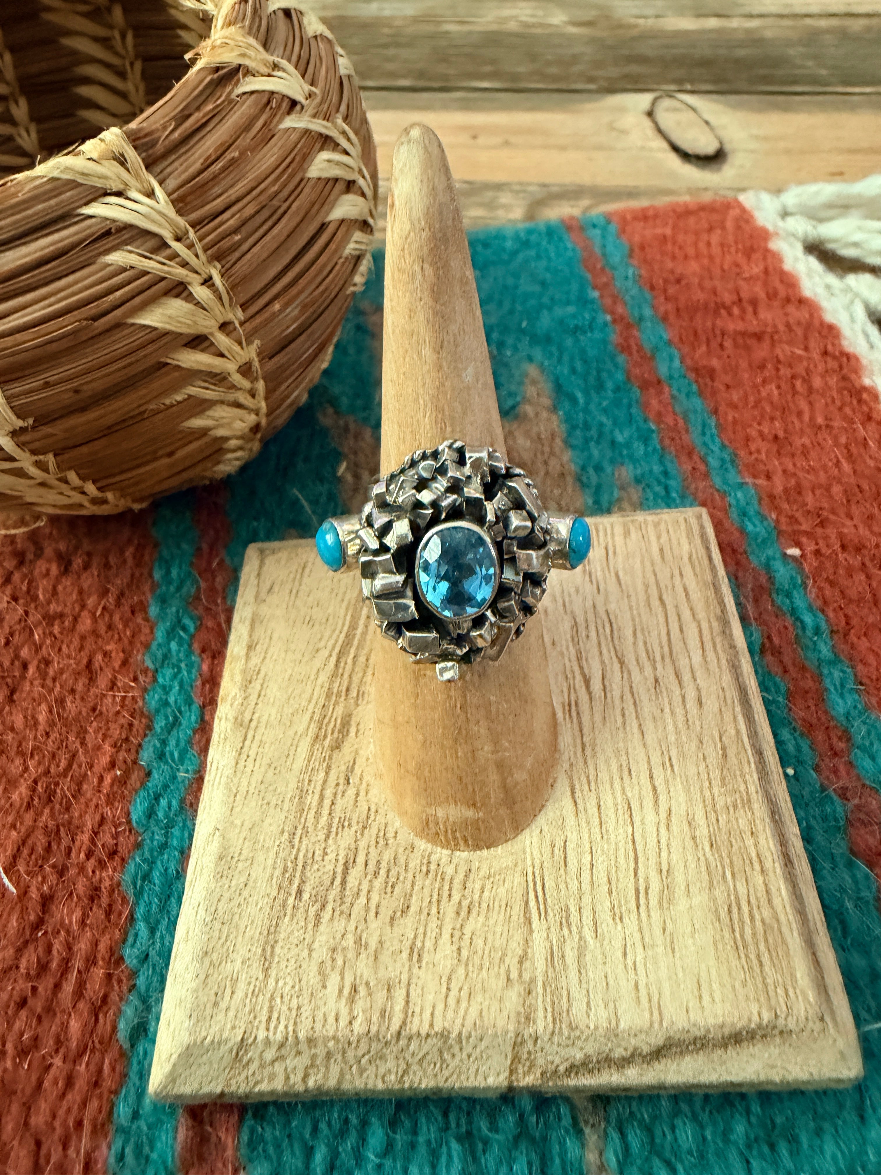 Old Pawn Handcrafted Topaz, Turquoise & Sterling Silver Ring Size 5.5