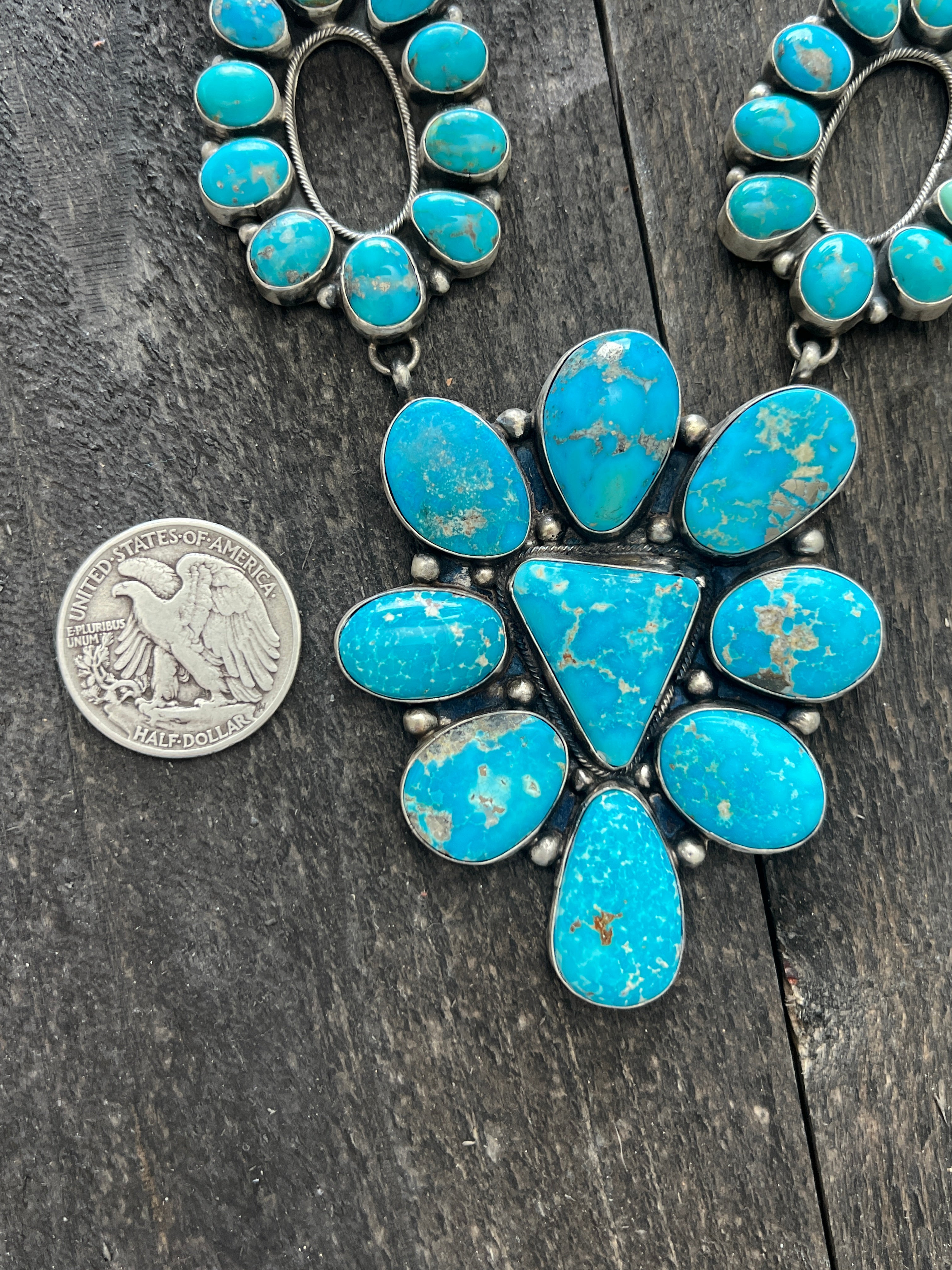 Handcrafted Sterling Silver and Whitewater Campitos Turquoise Cluster Necklace and Earring Set by Sheila Becenti
