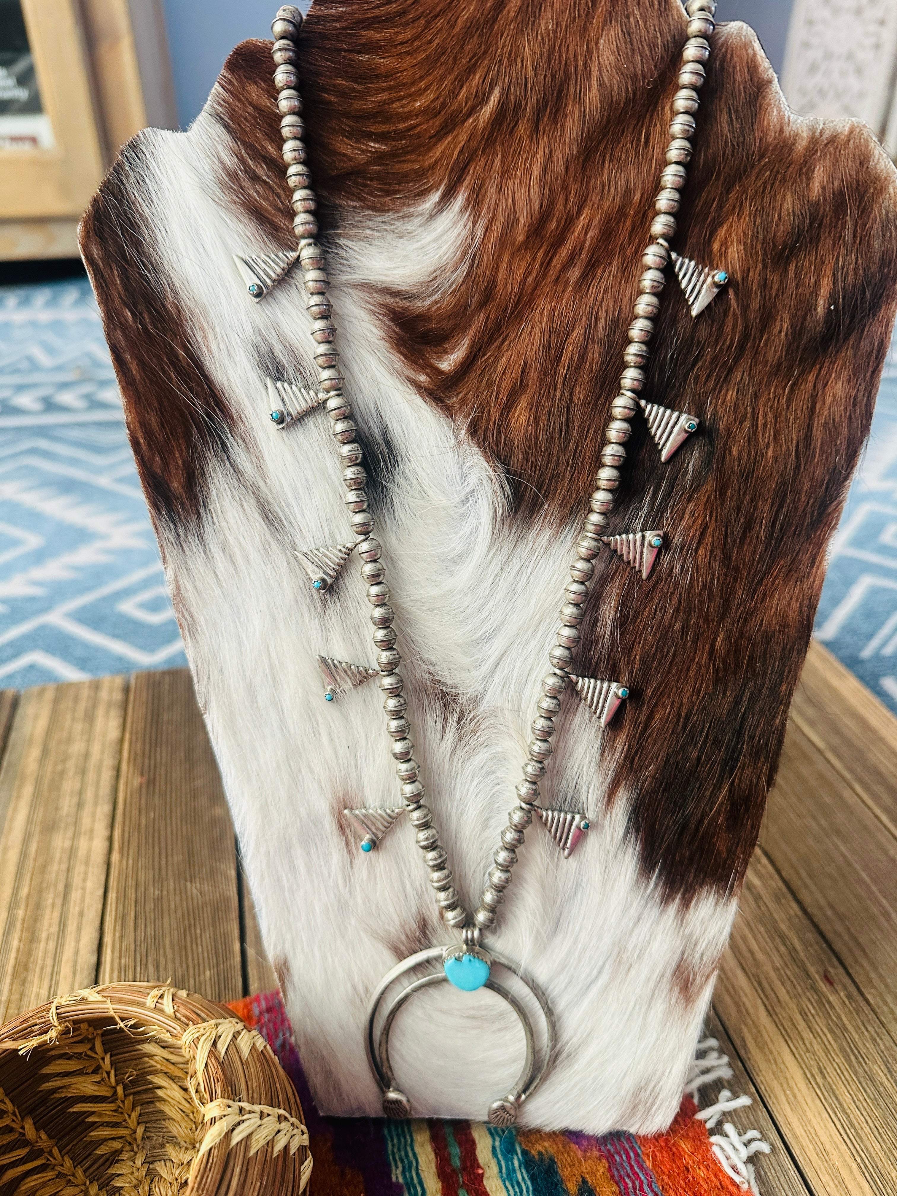 Old Pawn Handcrafted Turquoise & Sterling Silver Squash Blossom Necklace