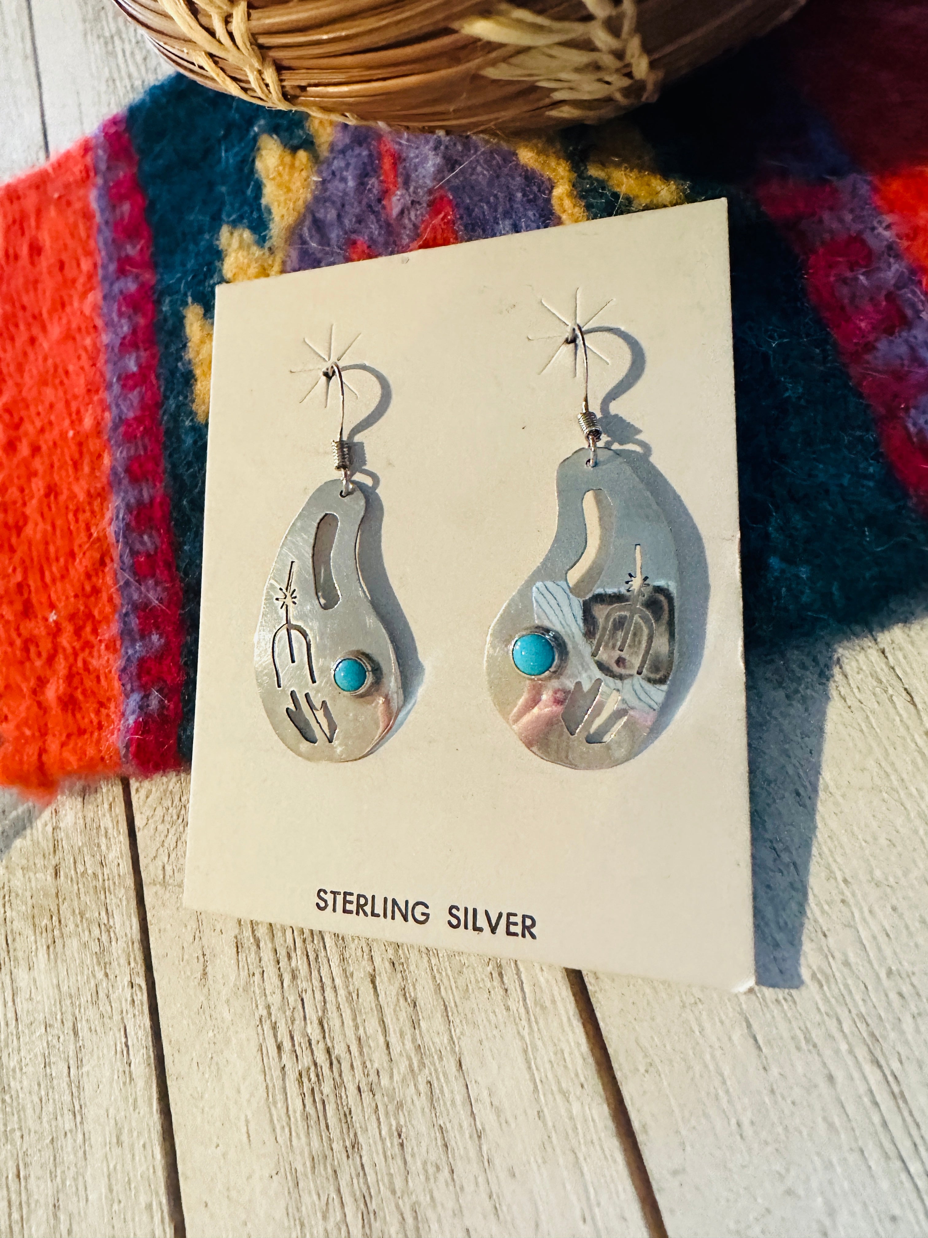 Navajo Hand Stamped Sterling Silver & Turquoise Dangle Earrings