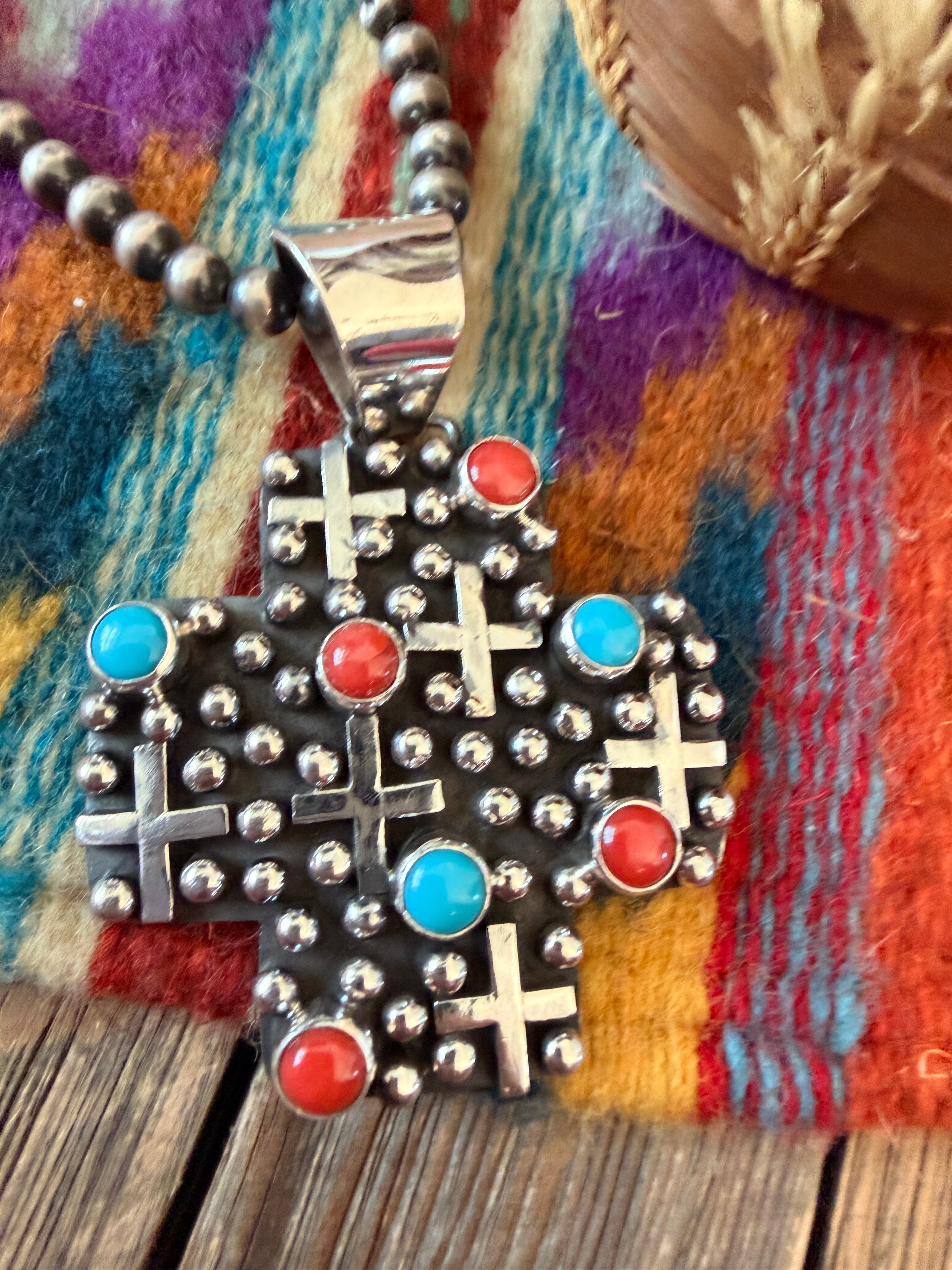 Handcrafted Turquoise, Coral & Sterling Silver Cross Pendant by Geneva Apachito