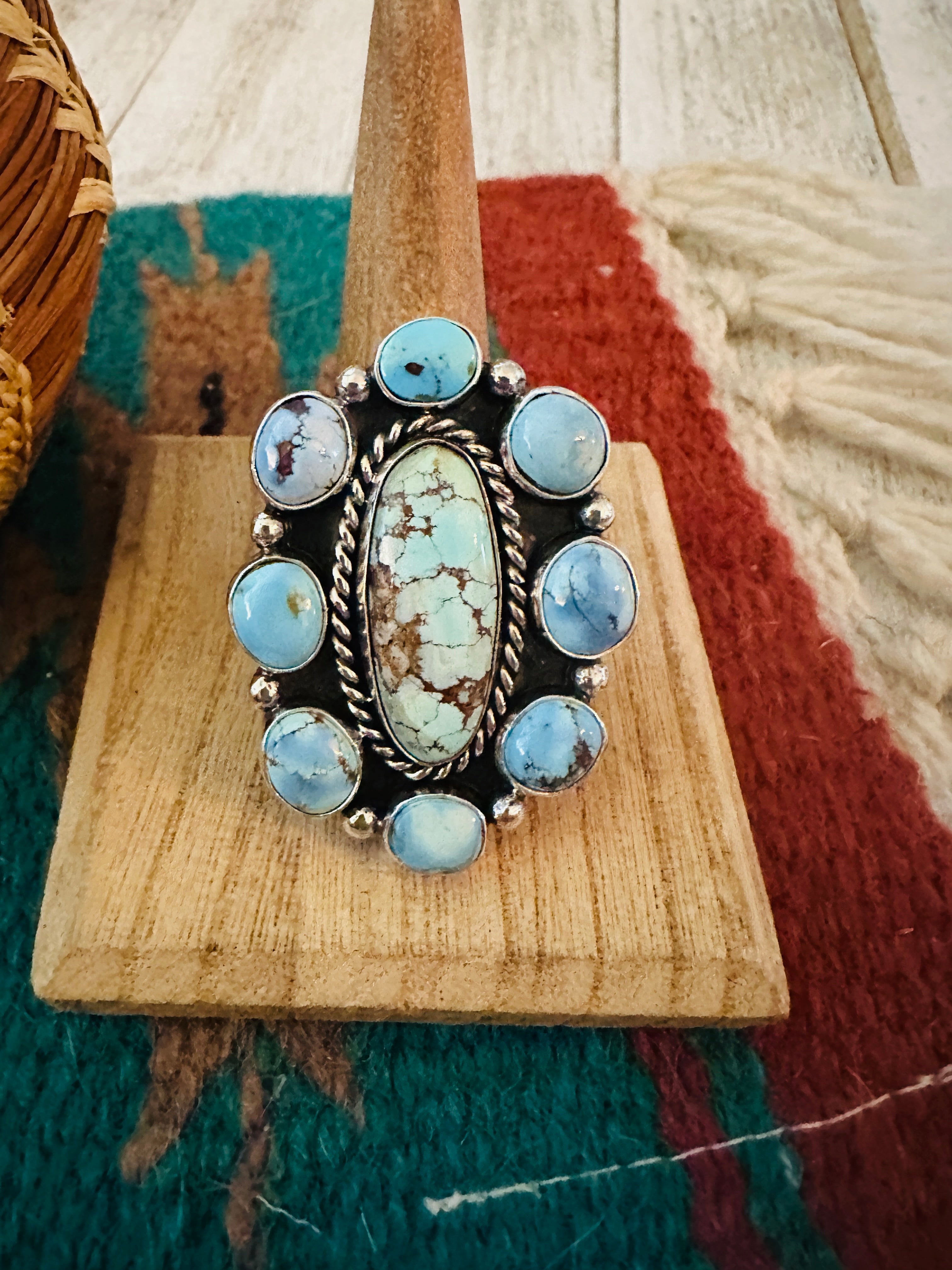 Navajo Sterling Silver & Golden Hills Turquoise Cluster Adjustable Ring