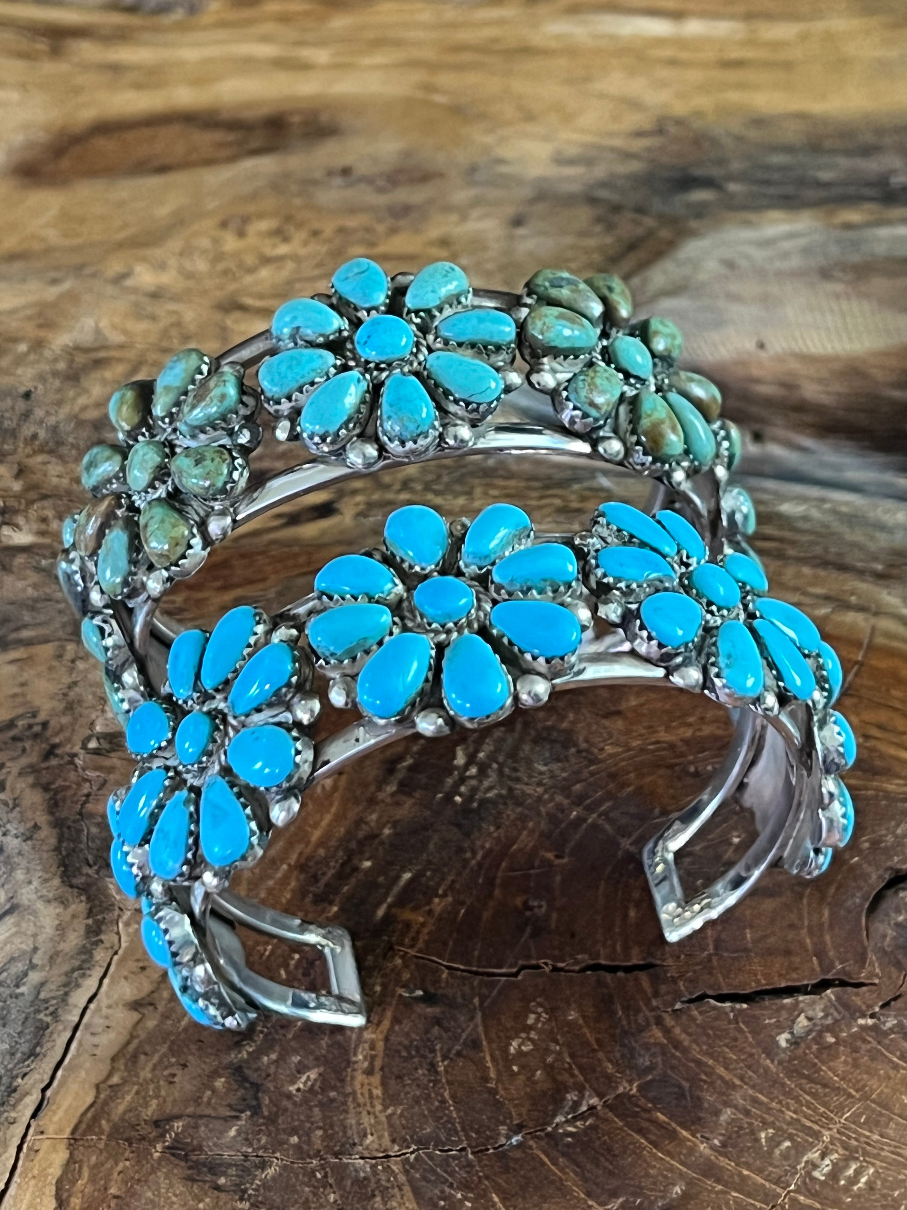 Handcrafted Old Pawn Sterling Silver and Mixed Turquoise Daisy Cluster Cuff Bracelet, Signed MA /