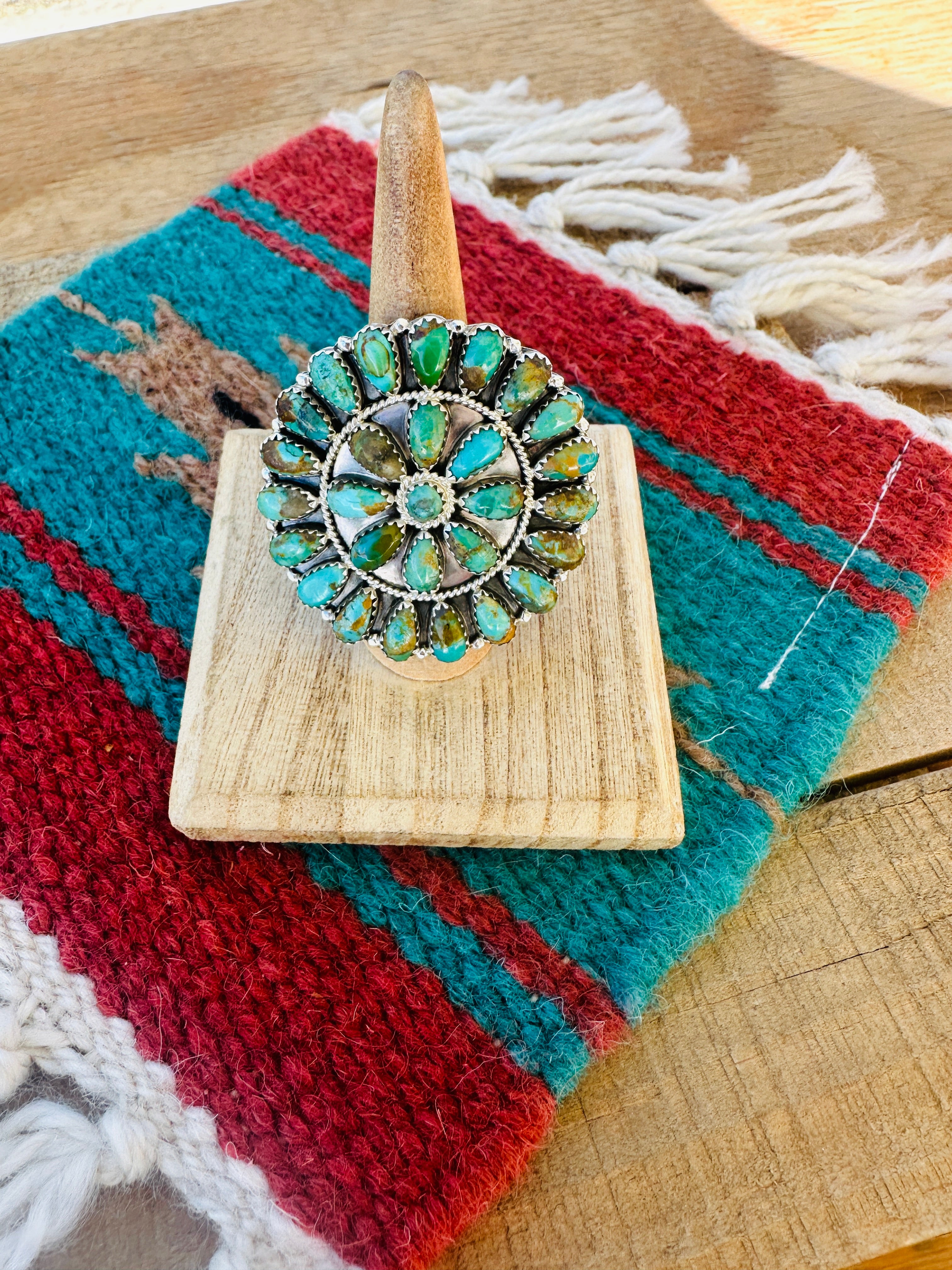 Navajo Royston Turquoise & Sterling Silver Cluster Ring 1.5”